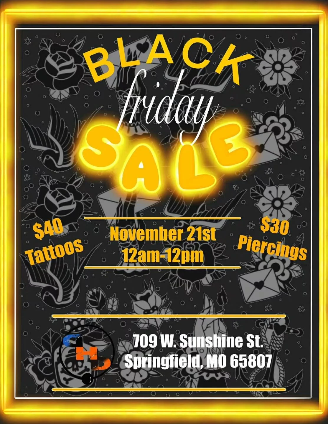 Lets bring the spirit of BLACK FRIDAY back!!

Come join us at midnight November 21st four our black friday tattoo and piercing Bring in your own design event!

Start lining up around 11pm November 20th doors open at midnight and sale will go until no