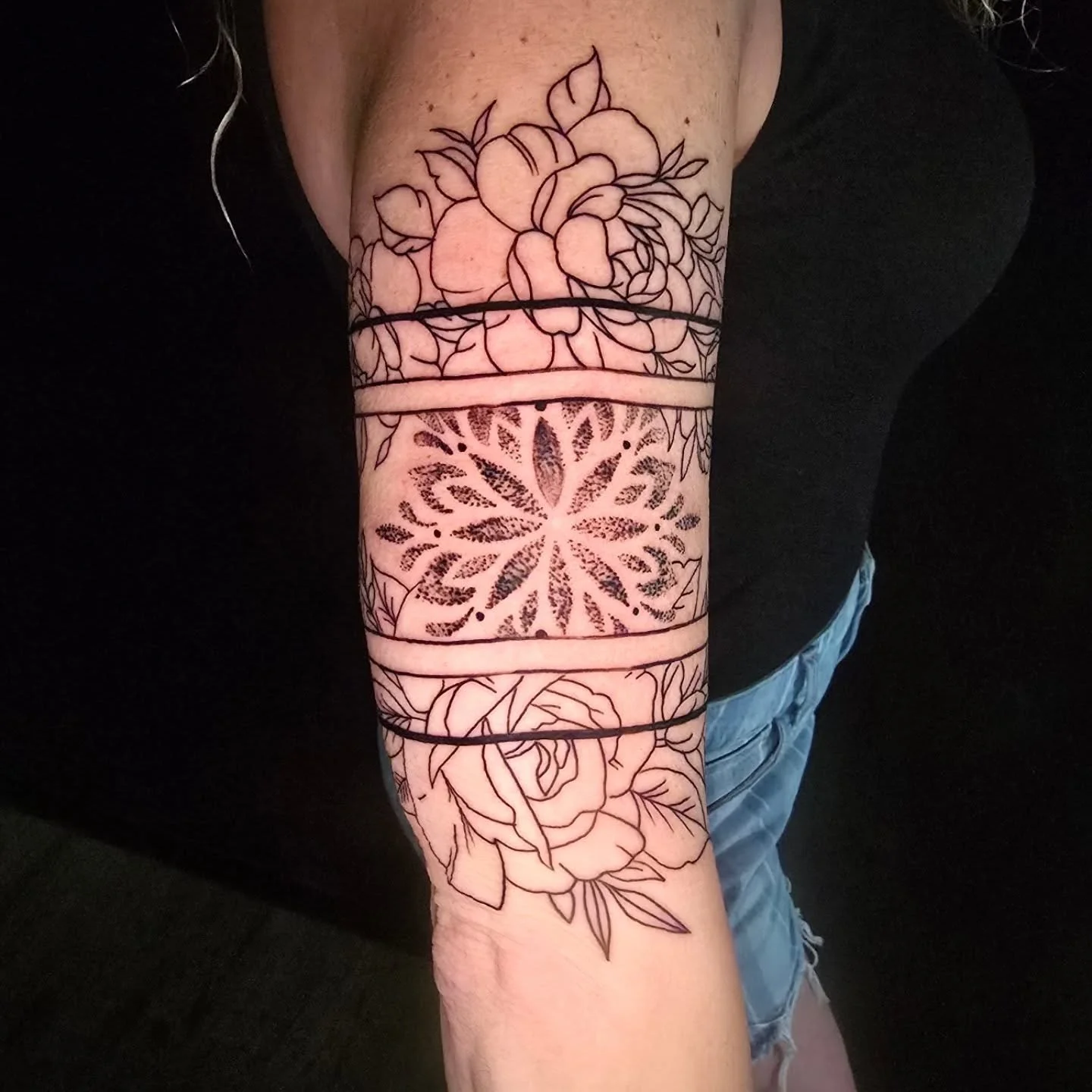 Hayley got to start this piece on her cousin Lacey to begin her floral/mandala sleeve