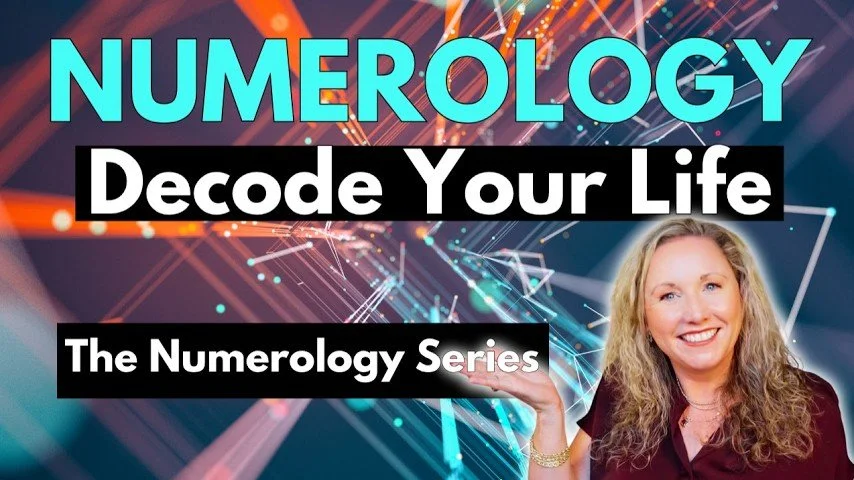 Colorful graphic promoting "Numerology: Decode Your Life" from The Numerology Series, featuring a smiling woman with wavy blonde hair pointing at the title.