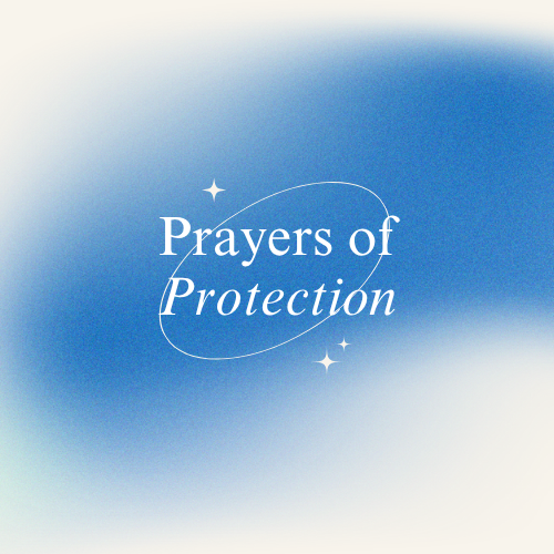 Text reading 'Prayers of Protection' against a blue and white gradient background with small star-like accents.