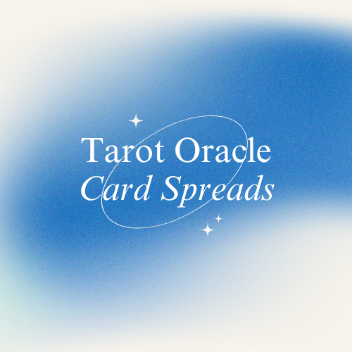 Tarot Oracle Card Spreads logo with a blue and white background and small star-like accents.