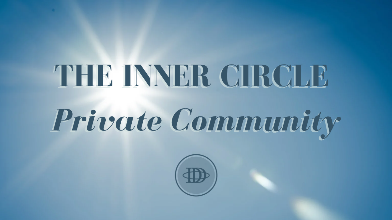 Text overlay reading 'The Inner Circle Private Community' with a sunny sky and sun rays in the background.