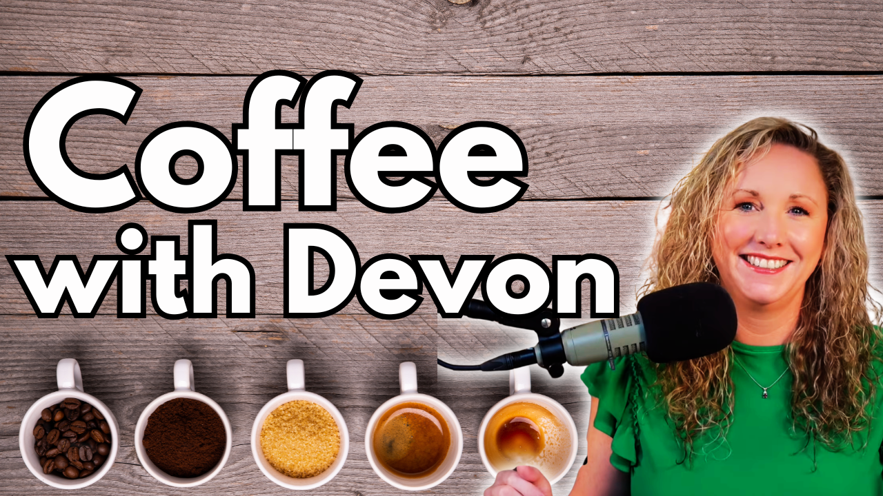 A woman with curly blonde hair smiling in front of a wooden background, with a microphone and coffee cups with different coffee ingredients below the text 'Coffee with Devon'.