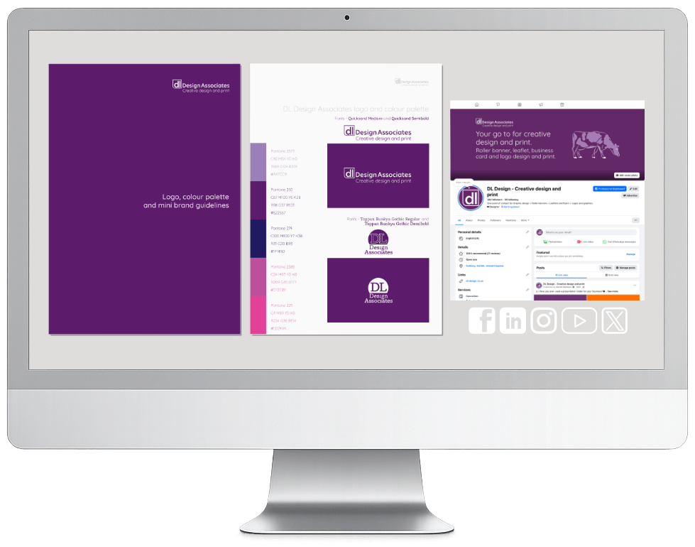Brand guidelines, logo options and social assets shown on a desktop
