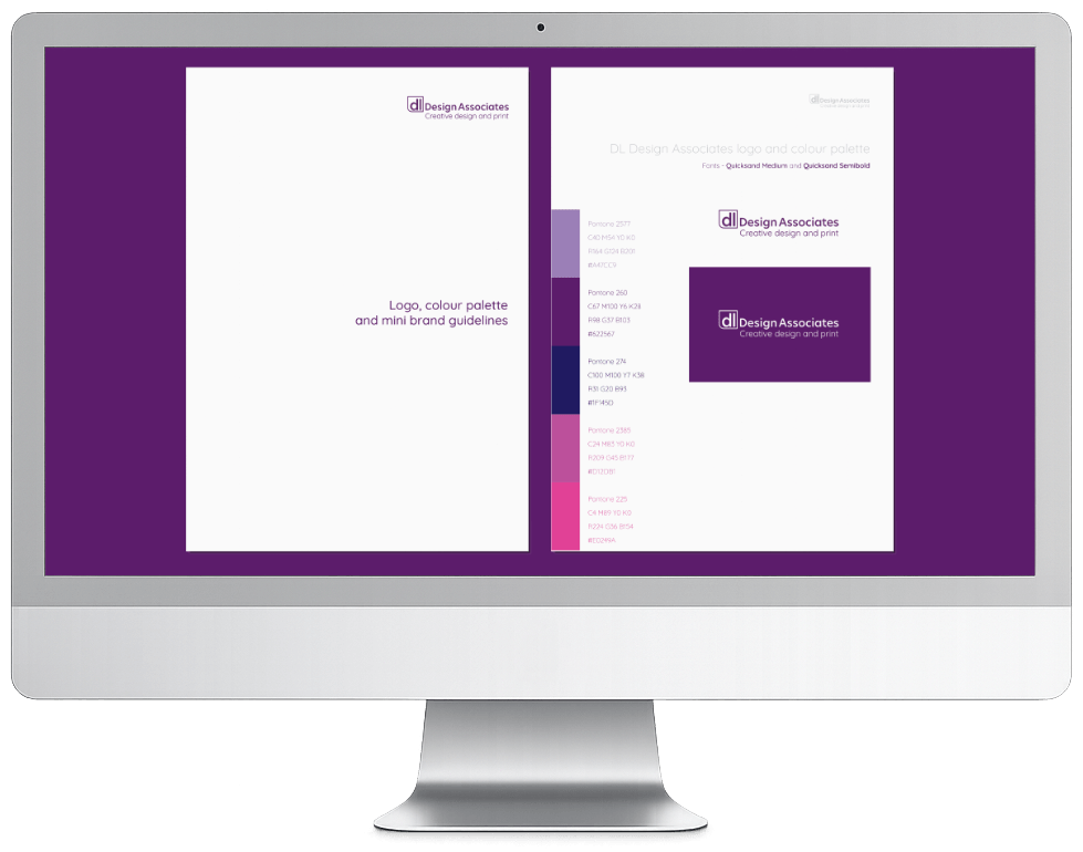 Brand guidelines and colour palette shown on a desktop