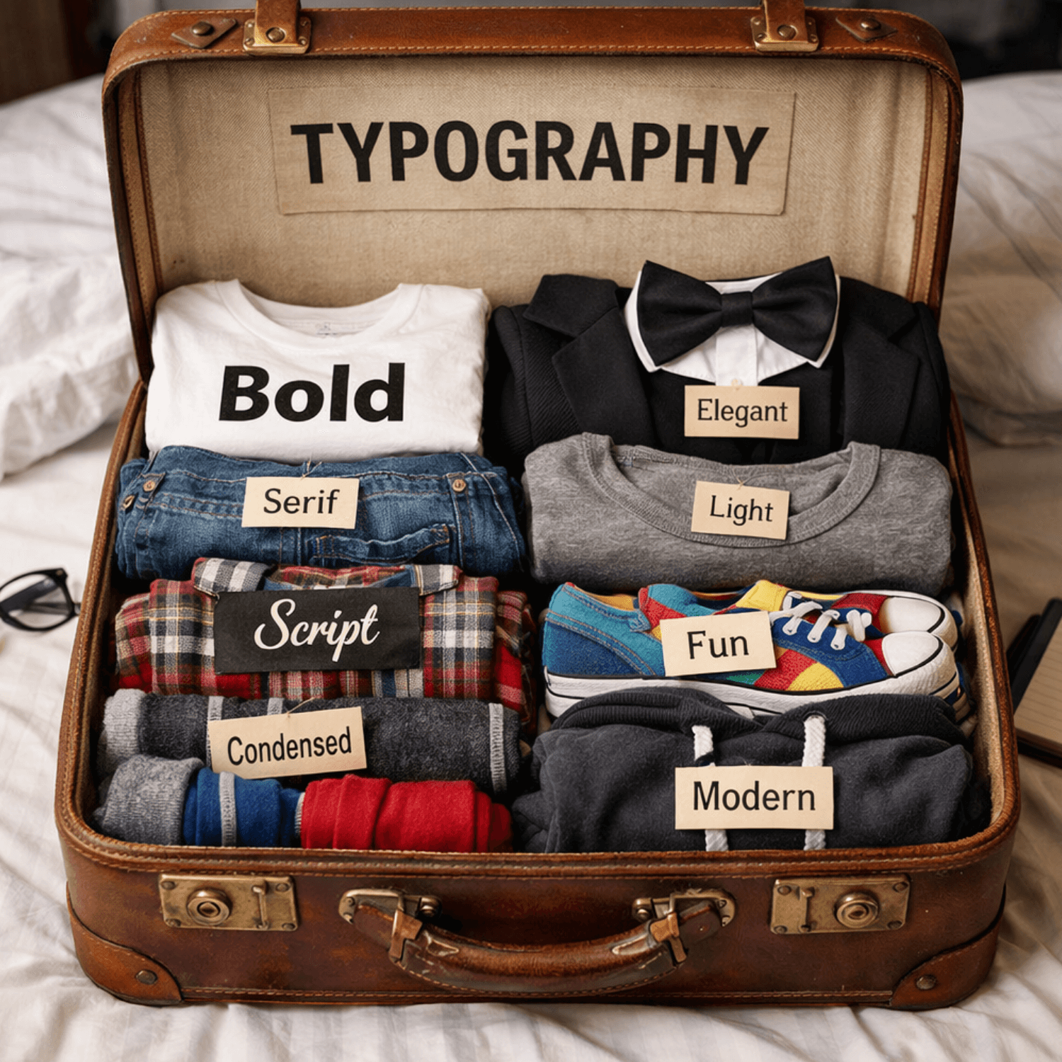 Suitcase showing clothes labeled with different font styles