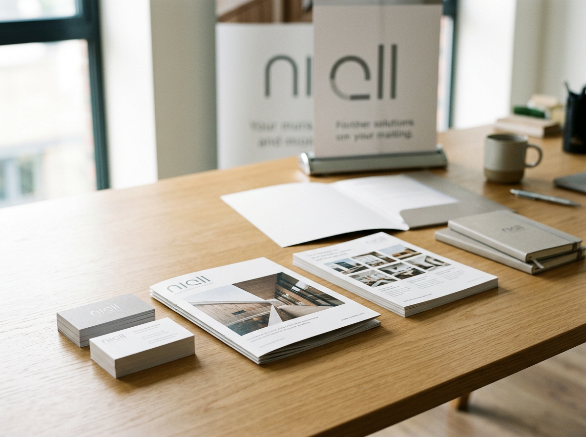 Branded printed material on a desk
