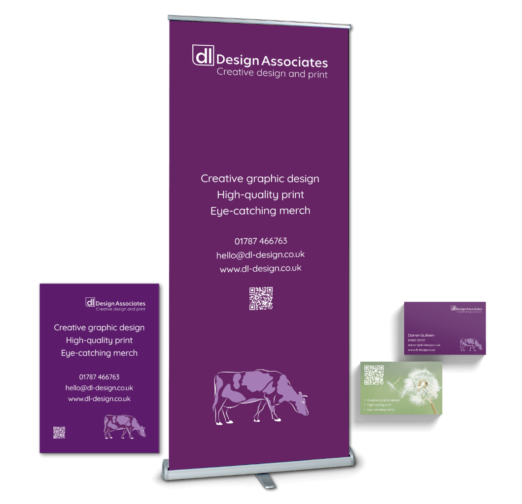 A5 flyer, roller banner and business cards next to each other
