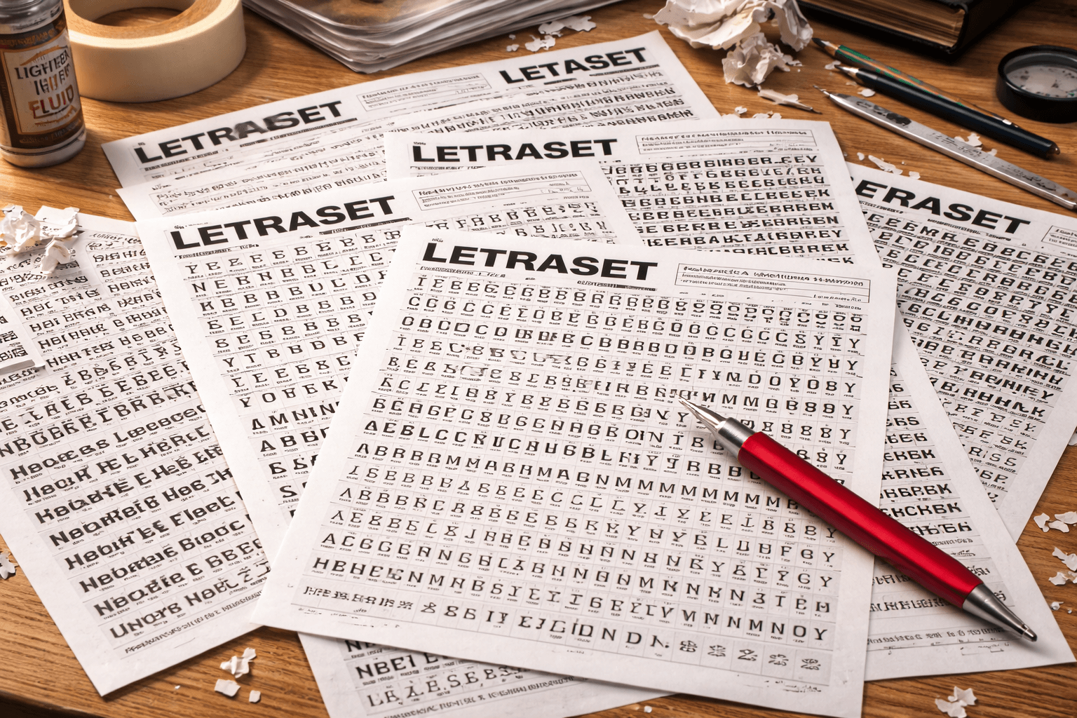 Letraset sheets on a desk