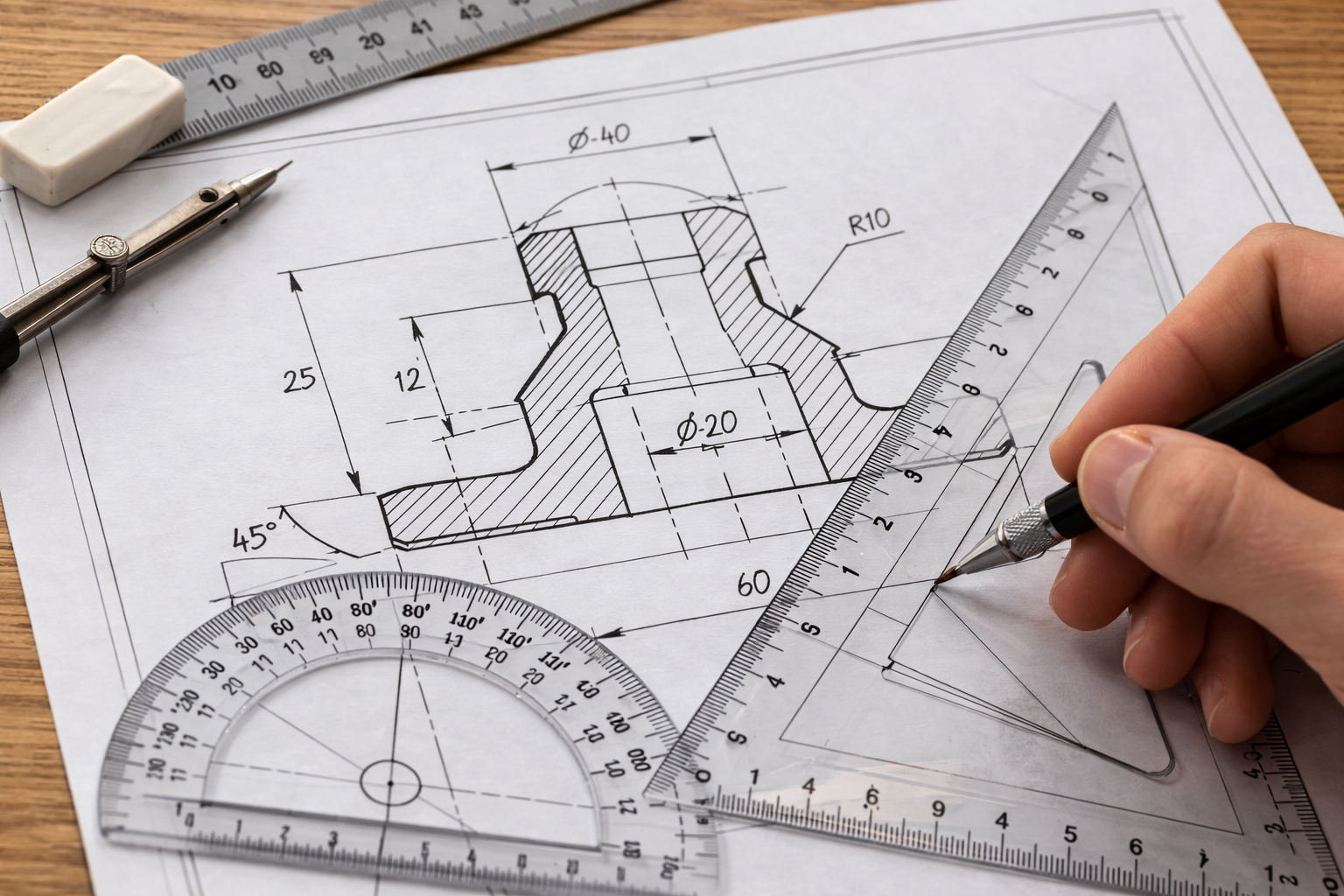 Precise drafting on a wooden desk