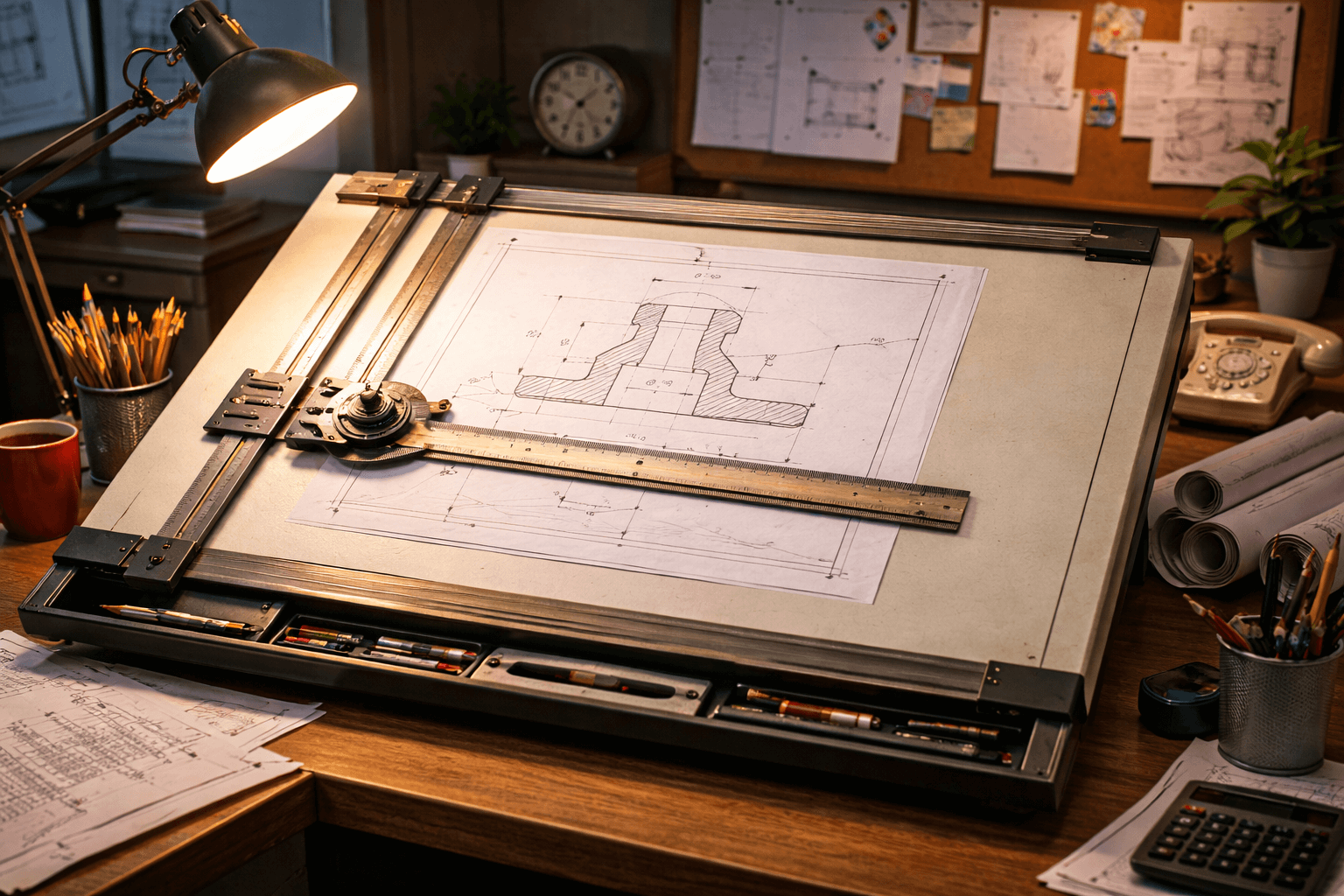 Vintage drafting setup with blueprint