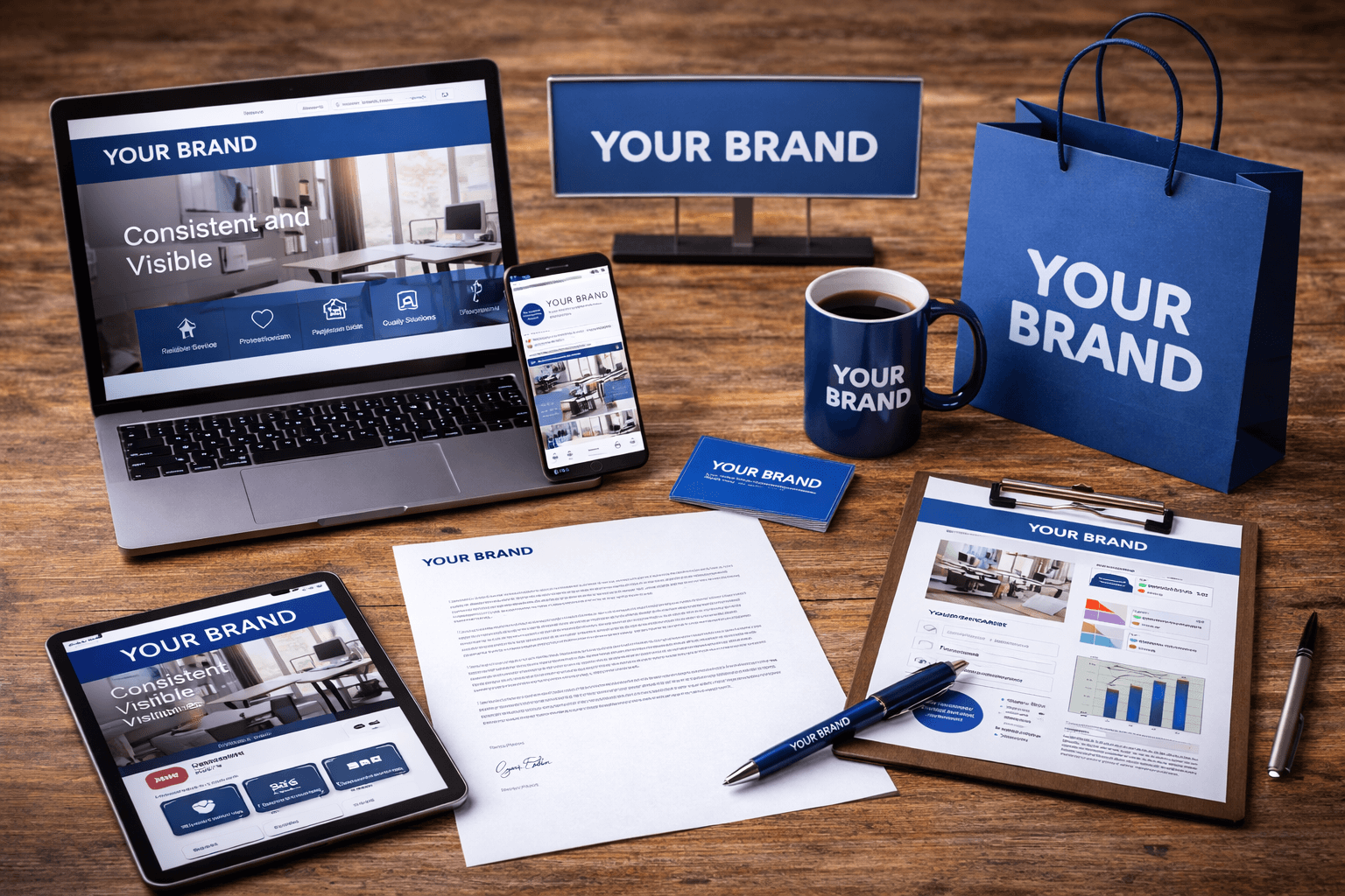 Branding essentials on a wooden desk