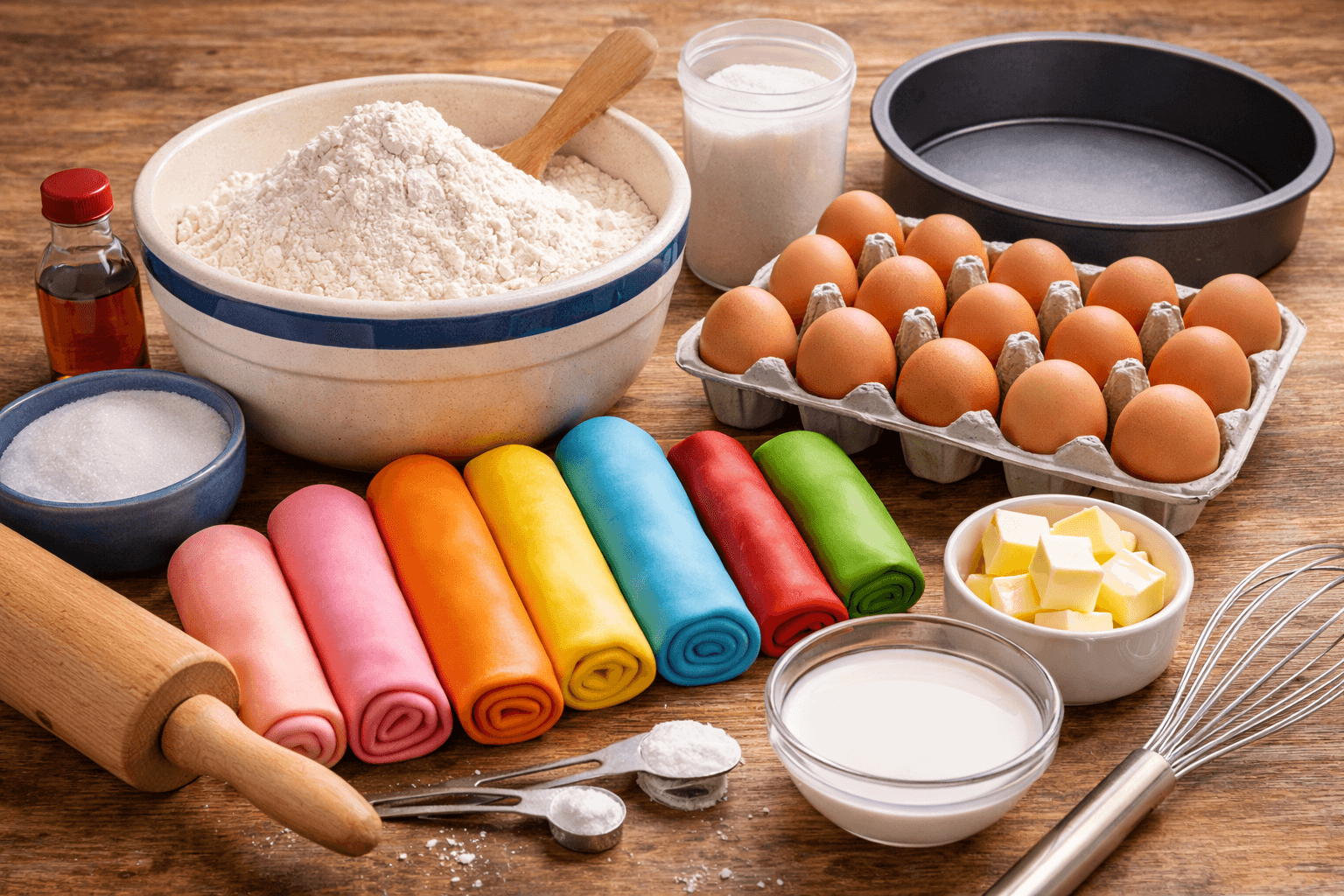 Cake making preparation on rustic countertop