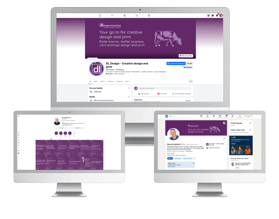 Social media pages shown on a desktop