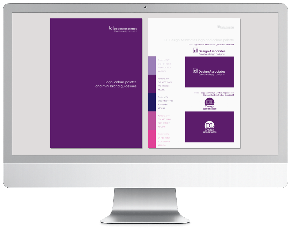 Two logo design options and colour palette shown on a desktop