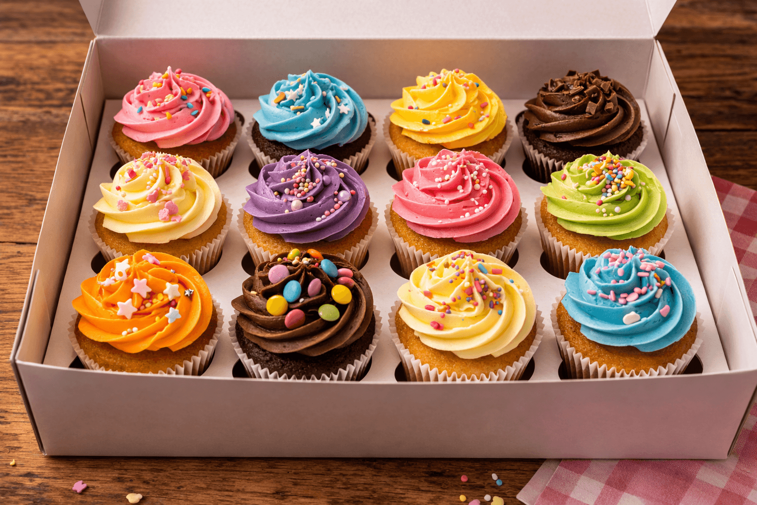 Colourful cupcakes in a bakery box