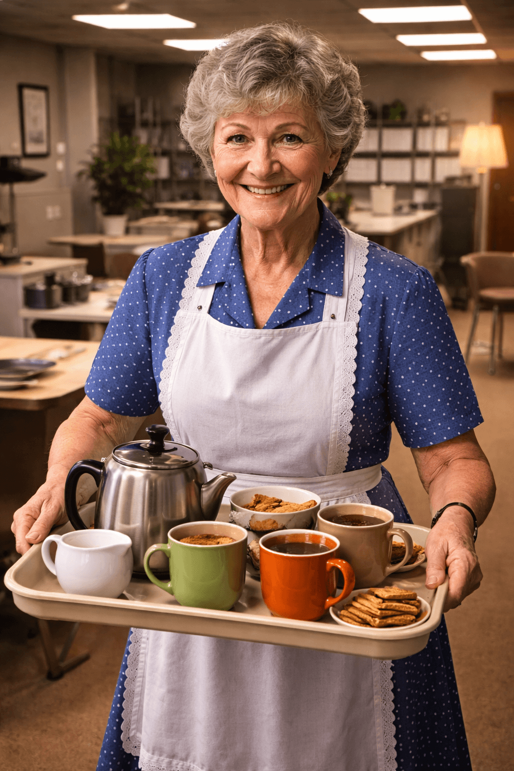 Tea lady with hot drinks tray