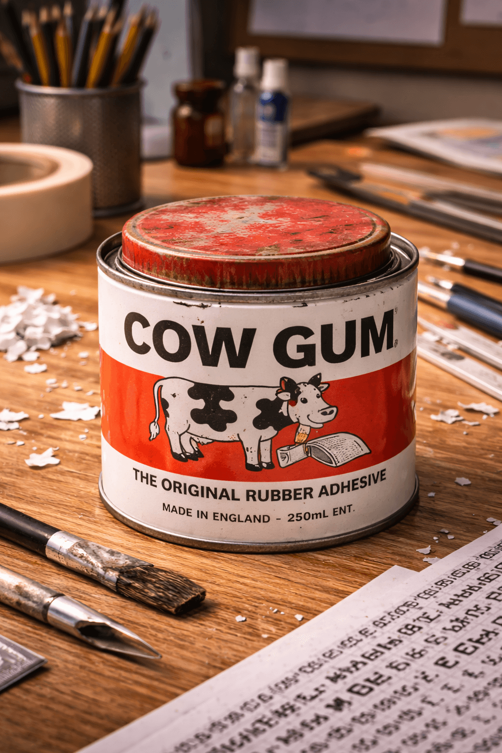 Tin of cow gum on a wooden desk
