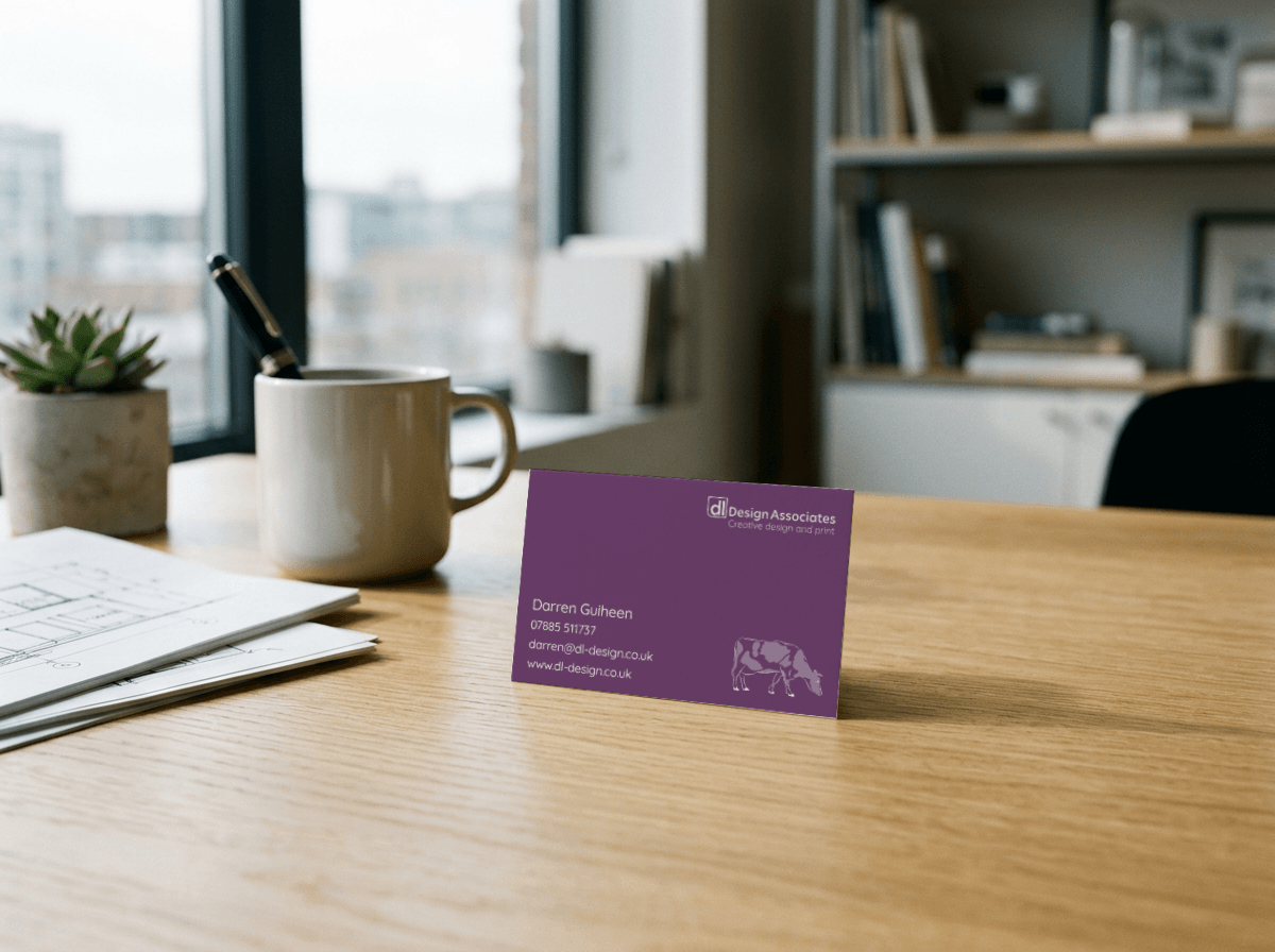 Business card standing on a desk