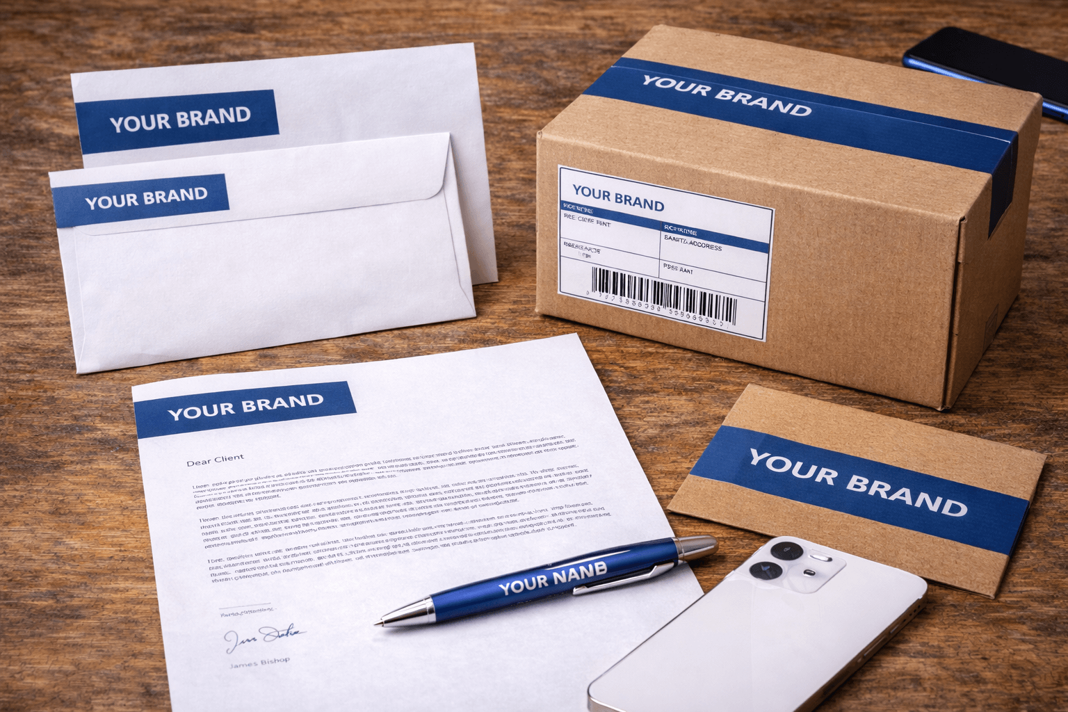 Branded communication essentials on wood