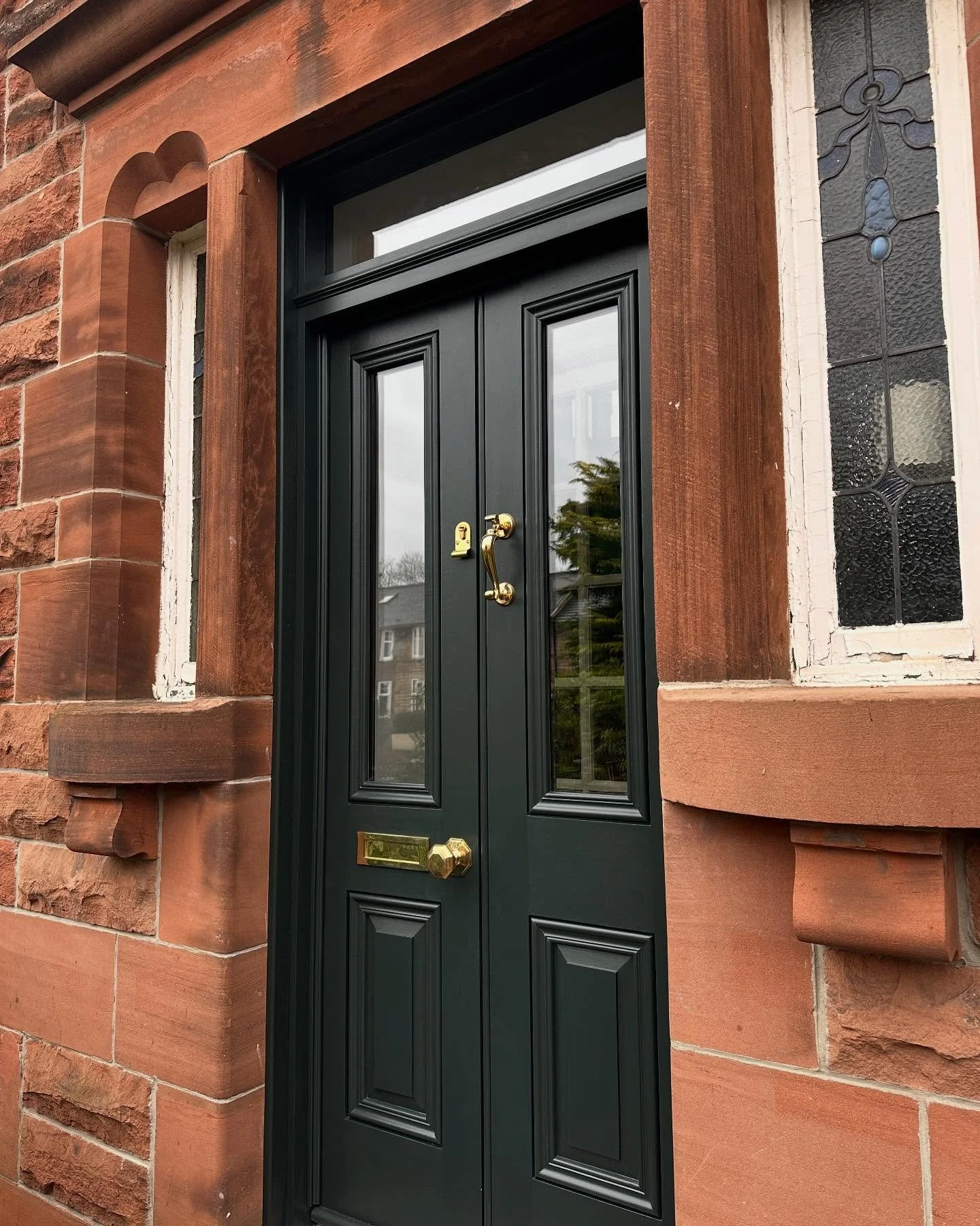 The most recent set of doors. Raised panels, polished brass ironmongery with clear double glazing. Painted in Farrow &amp; Ball &lsquo;Studio Green&rsquo; 
Very nice 🌚

There&rsquo;s a &lsquo;before&rsquo; picture at the end 🤙🏼