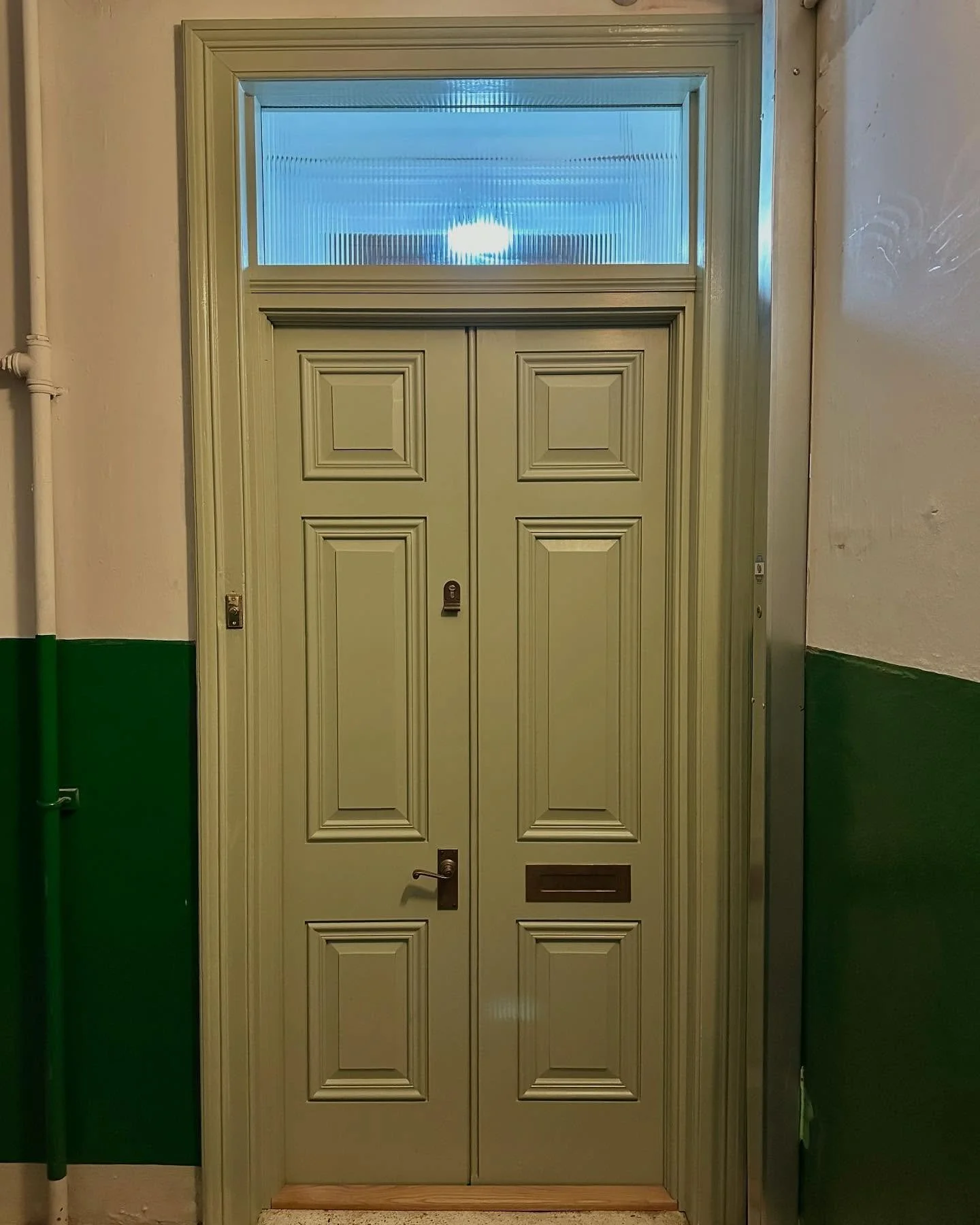 Raised panels and fluted glass 🌝 (and Caleb) 

The colour is Farrow &amp; Ball - Verte de terre 

#stormdoorsglasgow