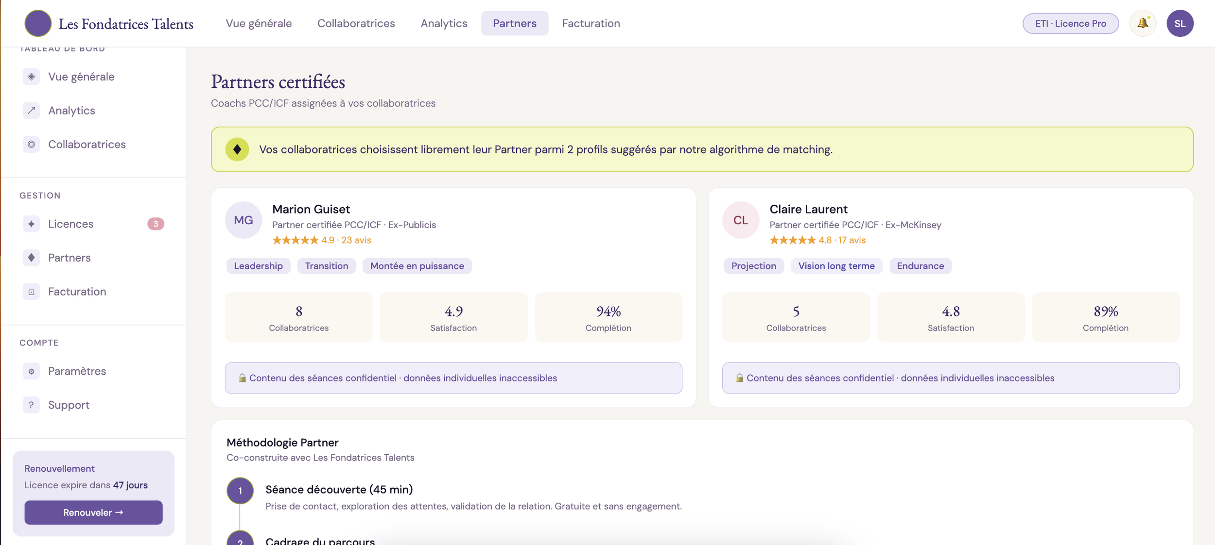 Capture d'écran d'une page web de gestion des partenaires, avec deux profils de partenaires certifiés, Marion Guiset et Claire Laurent, affichant leurs scores, Satisfaction, Taux de complétion, et des tags de compétences.