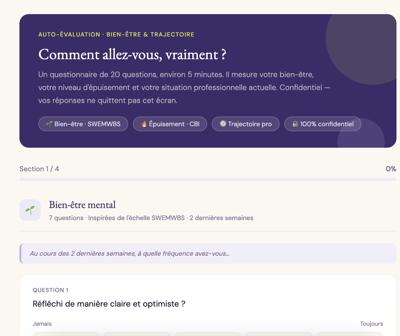 Capture d'écran d'un questionnaire en ligne sur le bien-être mental, avec des sections et des questions, en français. L'interface a un fond violet foncé et des éléments en texte blanc et violet clair.
