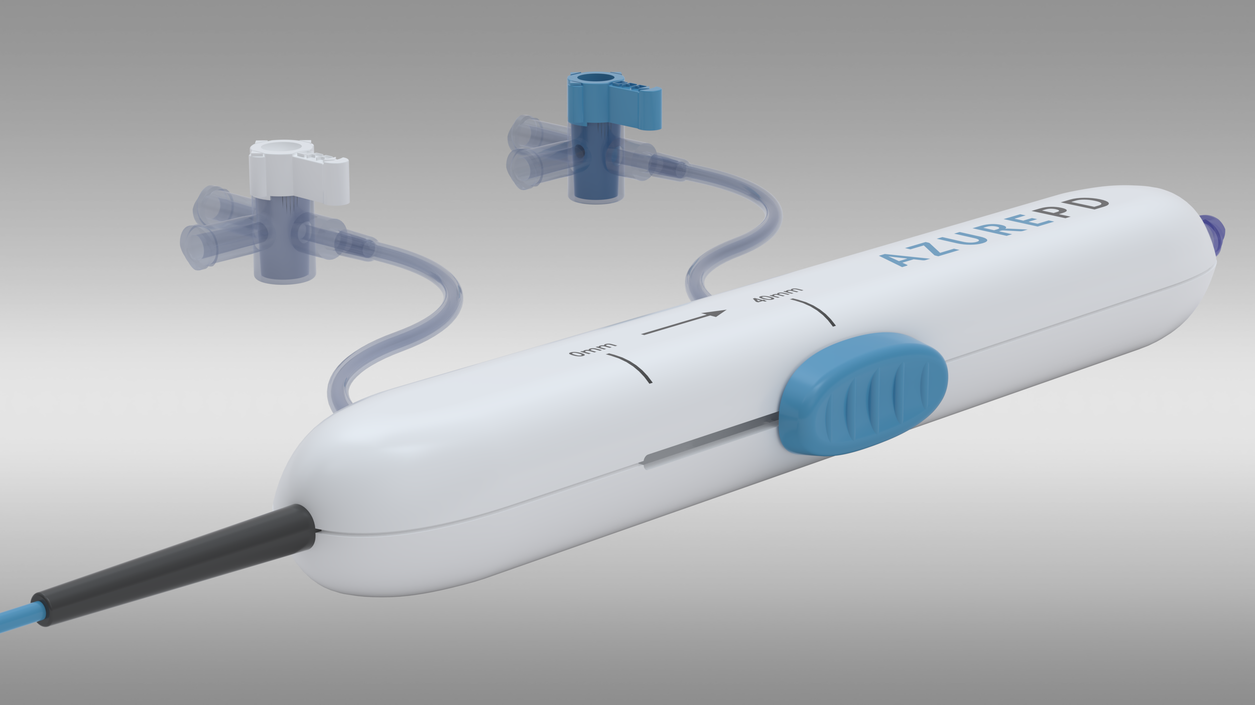 Rendered catheter handle concept model with actuator, tubing, and AzurePD branding