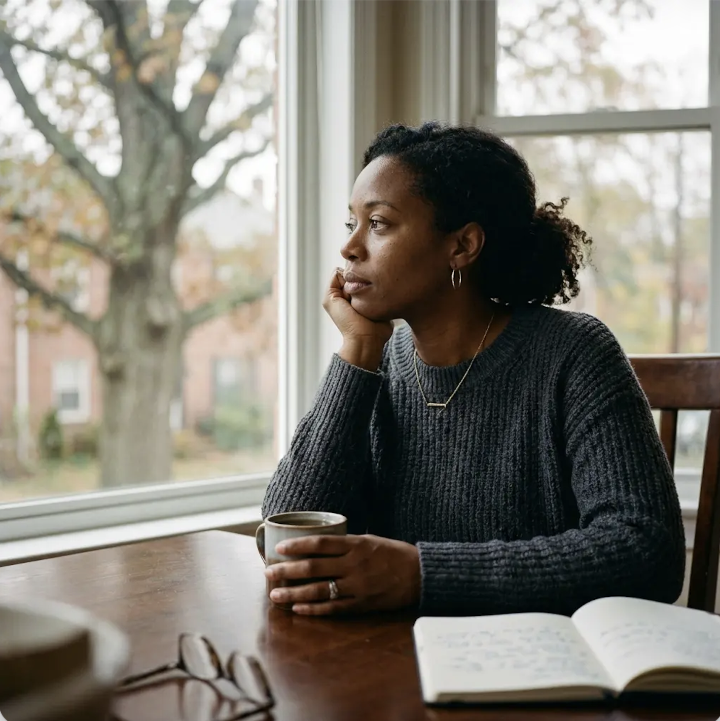Black woman sitting thoughtfully by a window reflecting on the effects of chronic stress and emotional exhaustion.