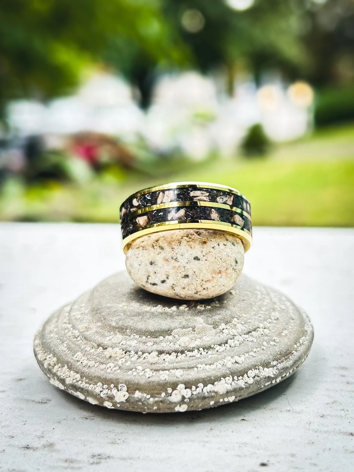 Fossilized T Rex & Meteorite double Inlay Ring