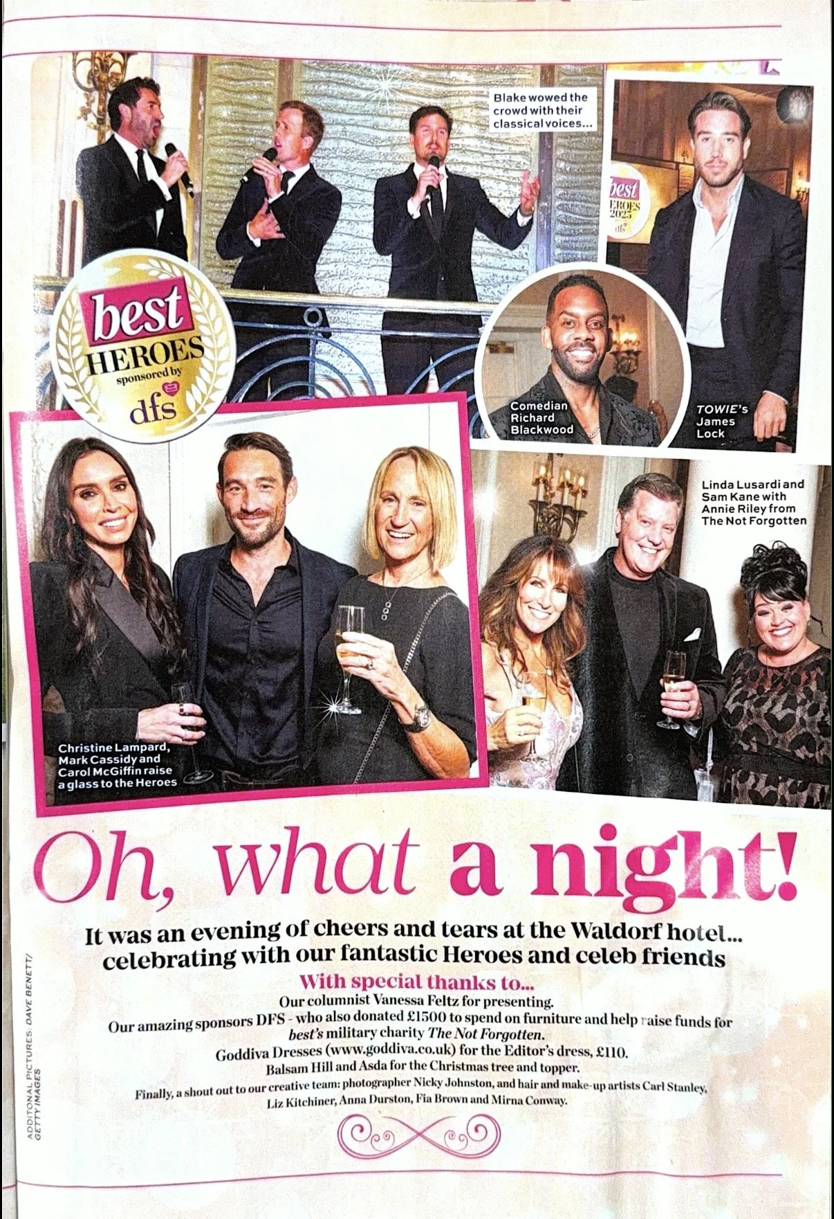 Photo collage from a charity event at the Waldorf hotel showcasing performers, celebrities, and guests celebrating heroes and friends with drinks.