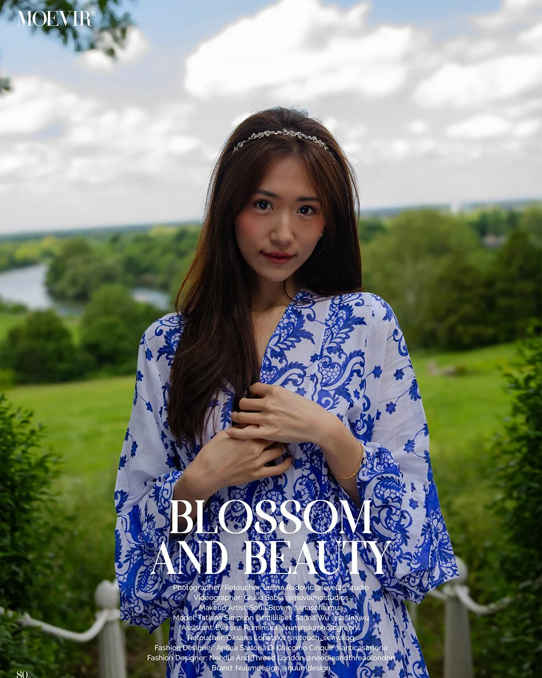 Young asian woman in a blue and white floral dress with beautiful natural makeup. on cover of a magazine
