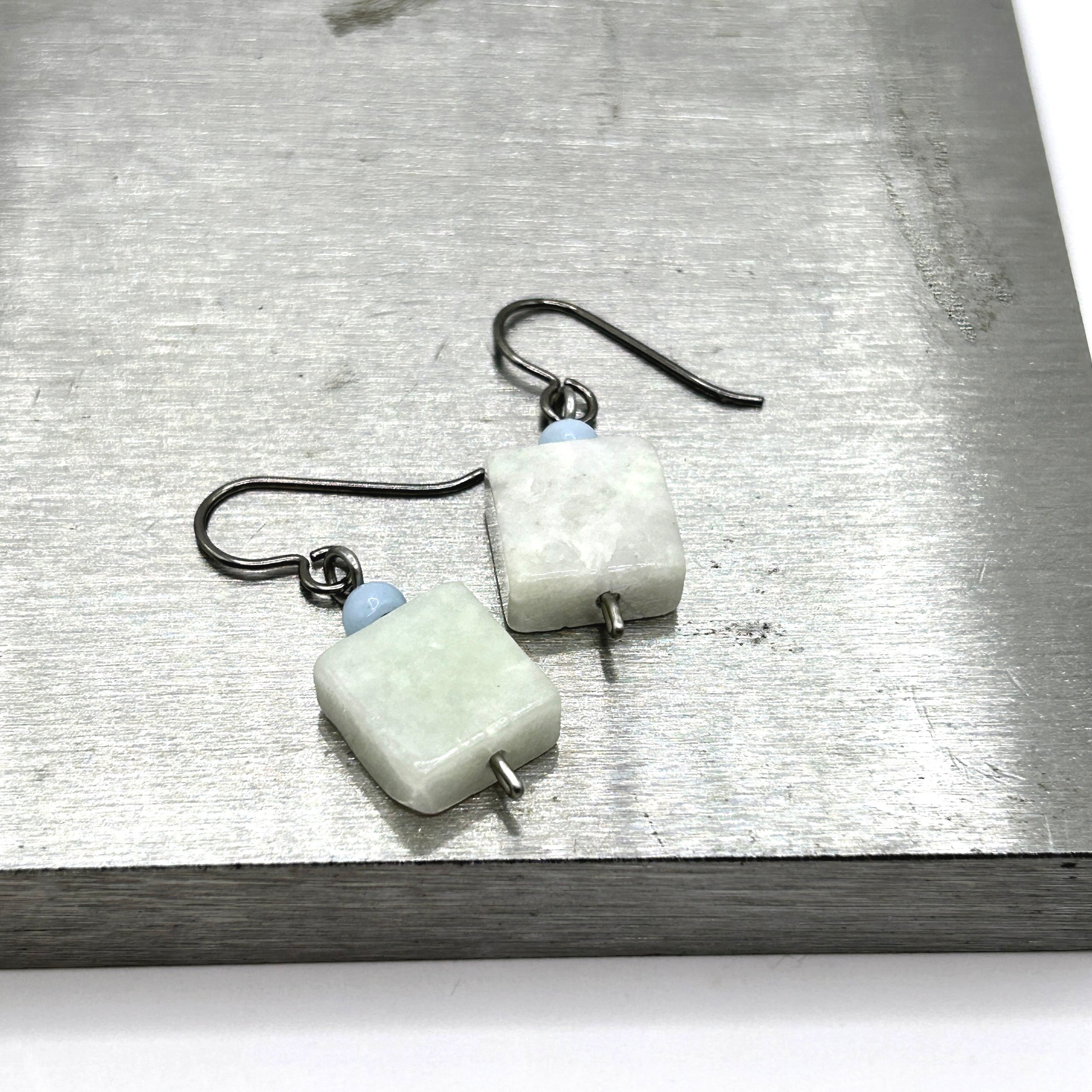 Sarsen Square Amazonite Stone short Drop Earrings with Stainless Steel french ear wires on metal block