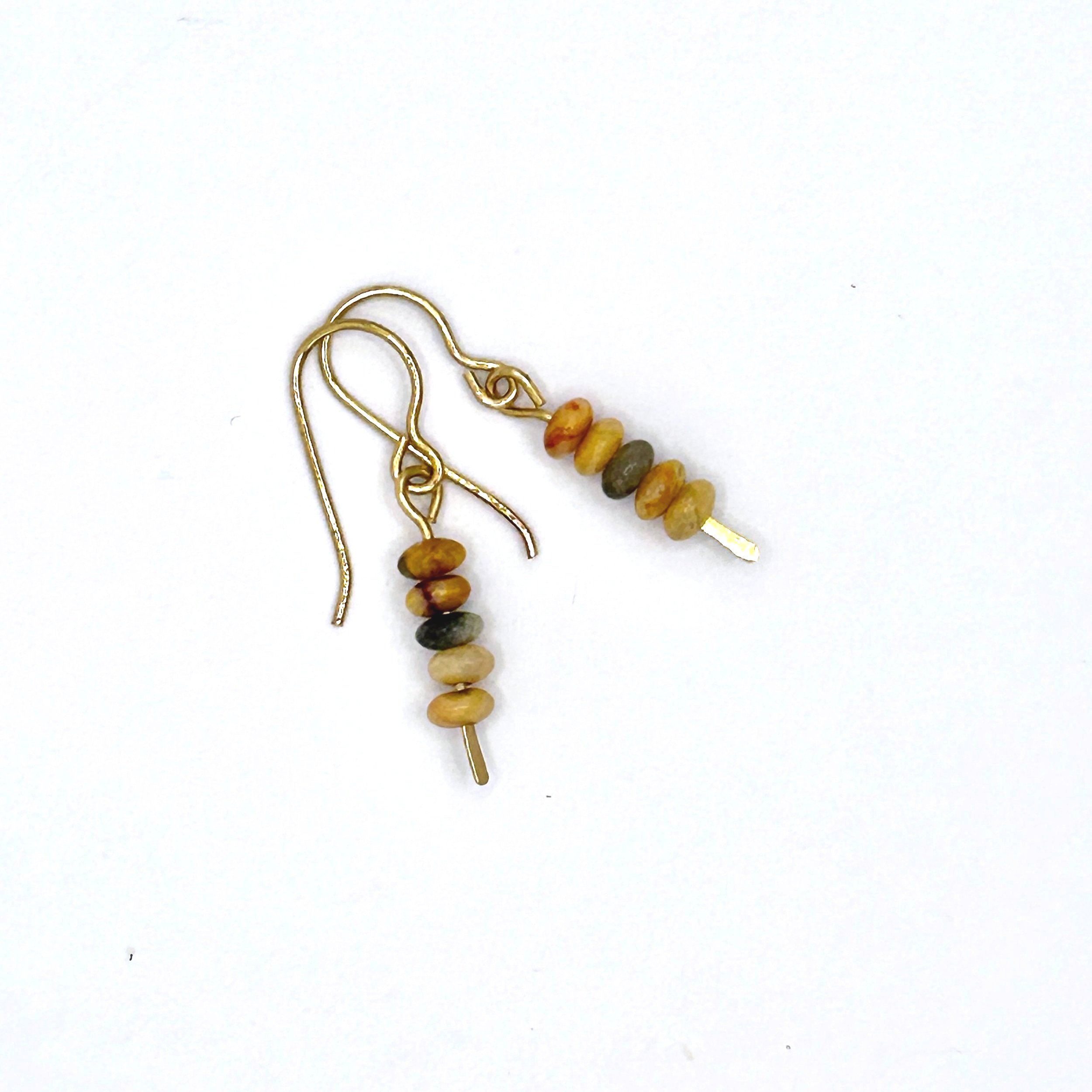 Lucy Harvest Dangle Earrings with Warm Colored Crazy Lace Agates and Jeweler's Brass french ear wires on a white background