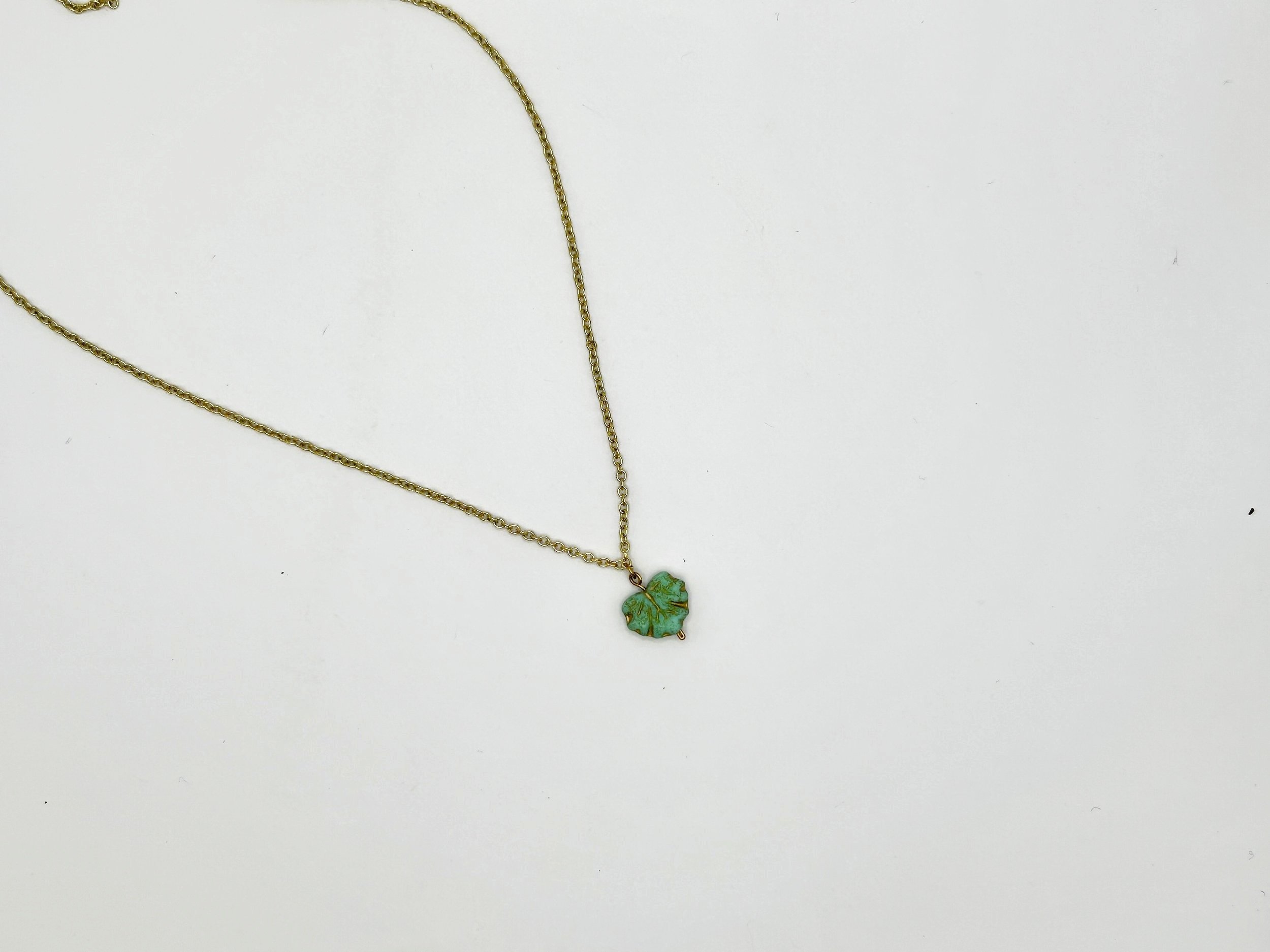 Sea Green Czech Glass Maple Leaf with Gold Etching Drop Necklace on petite Rose Gold Plated Chain on white background
