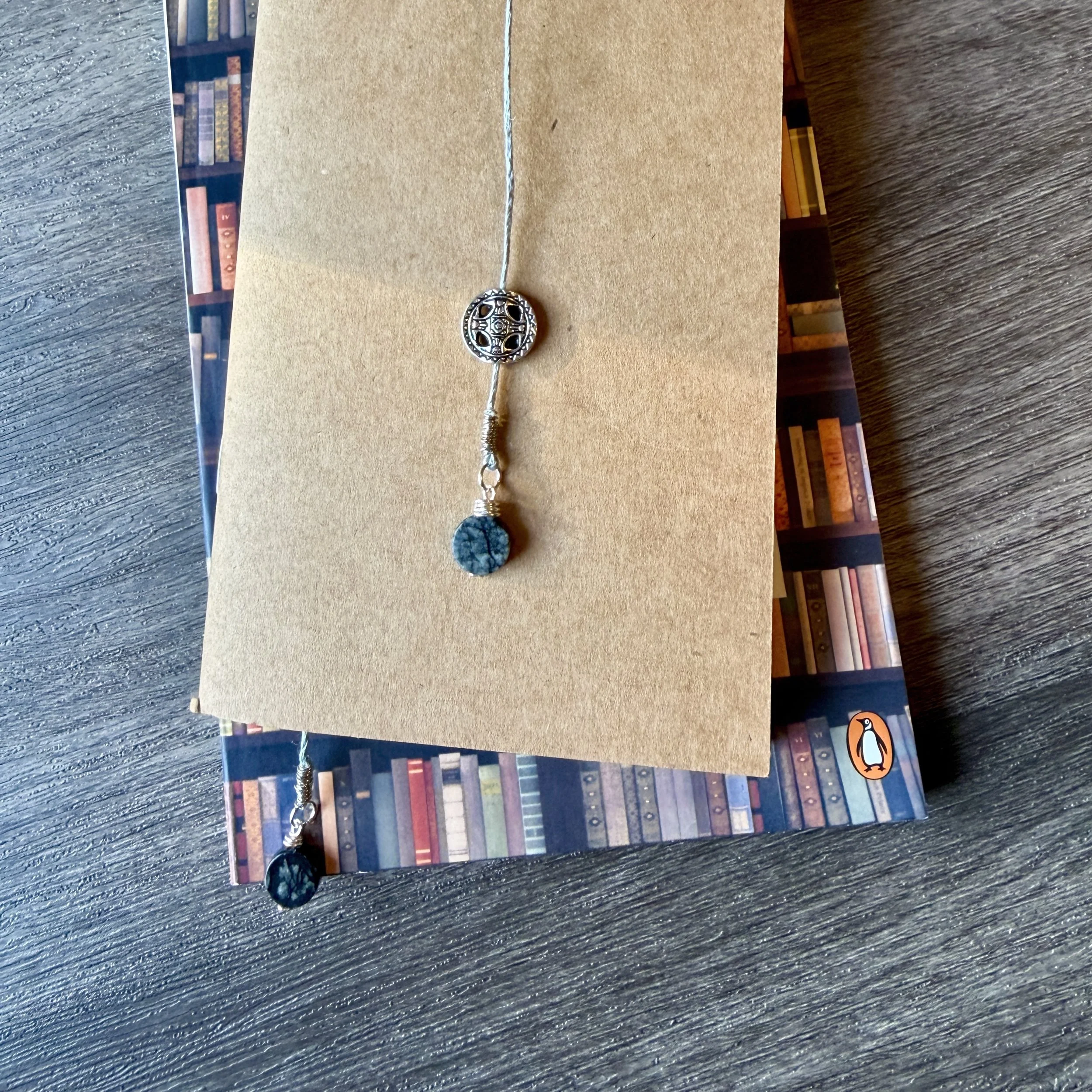 Gray hemp cord and marbled serpentine bookmark with silver accents