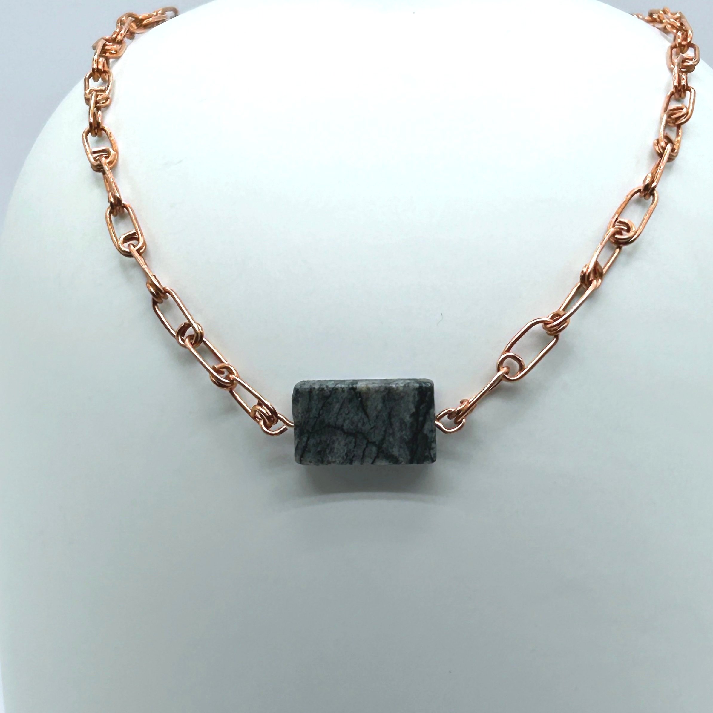 Gray Jungle Jasper Rectangle stone with Copper Link Chain Ellis Necklace on white background
