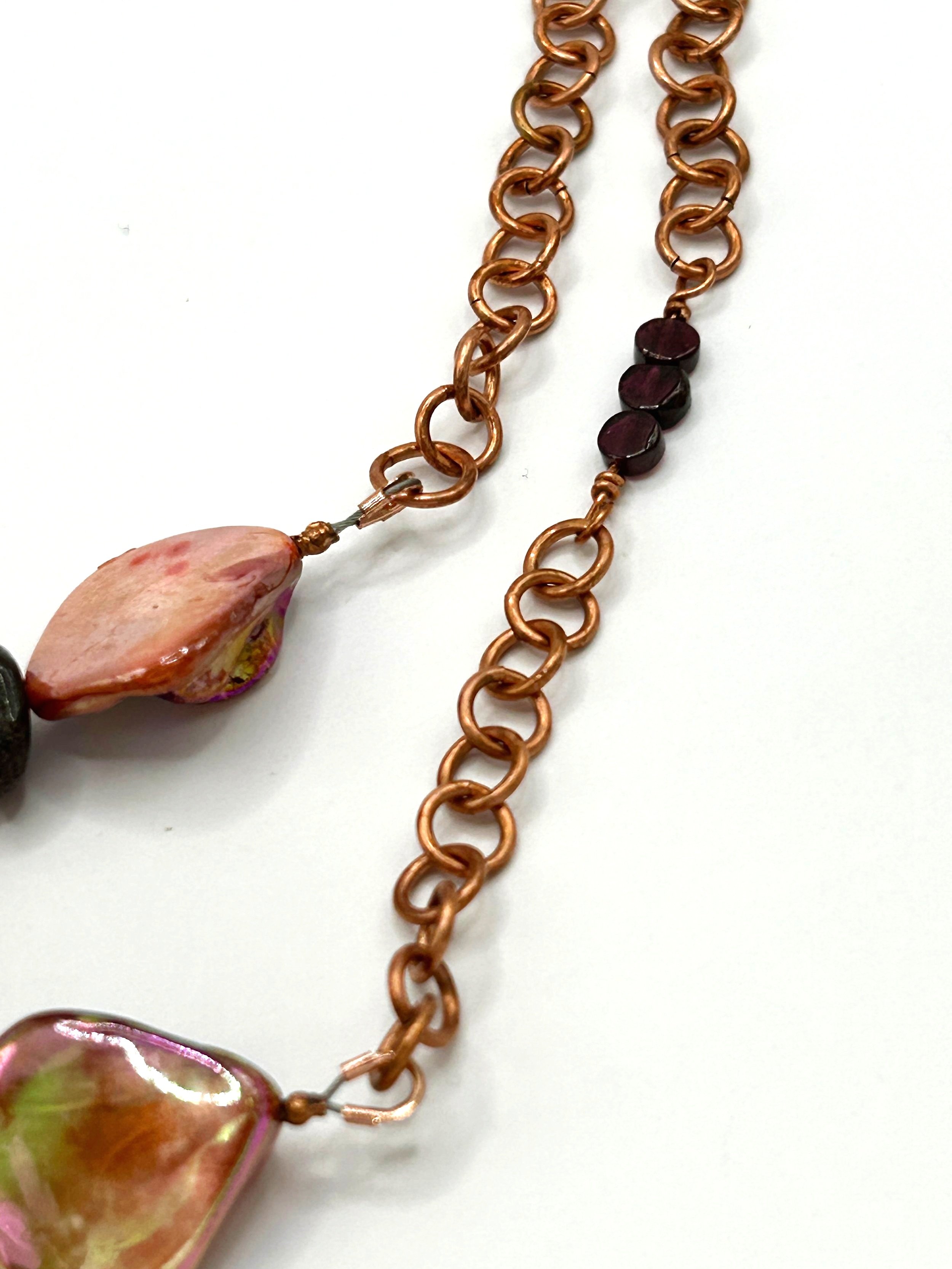 Close up Maggie Mother of Pearl Copper Metal Necklace optional side beads on white background