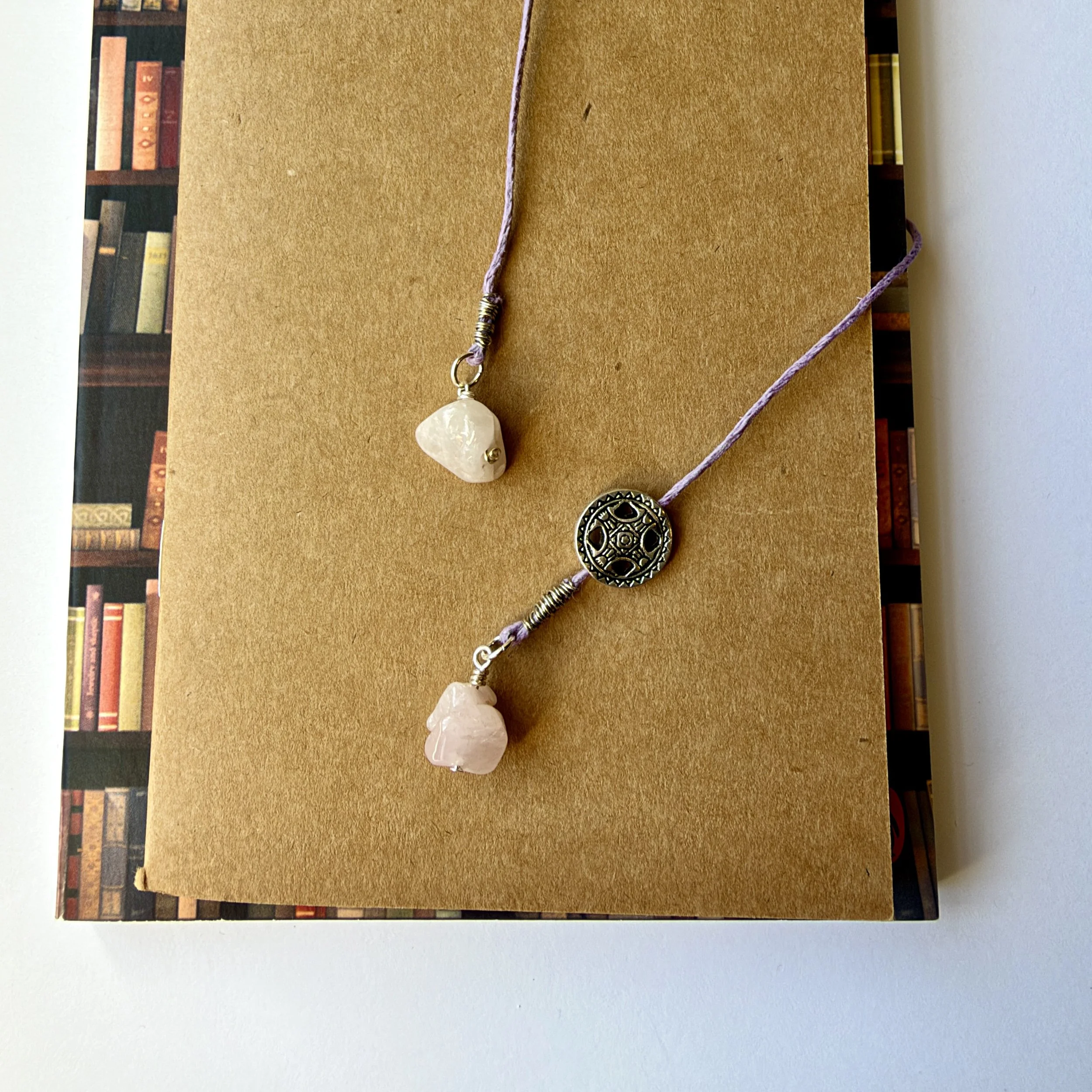Lavender hemp cord and rose quartz bookmark with silver accents