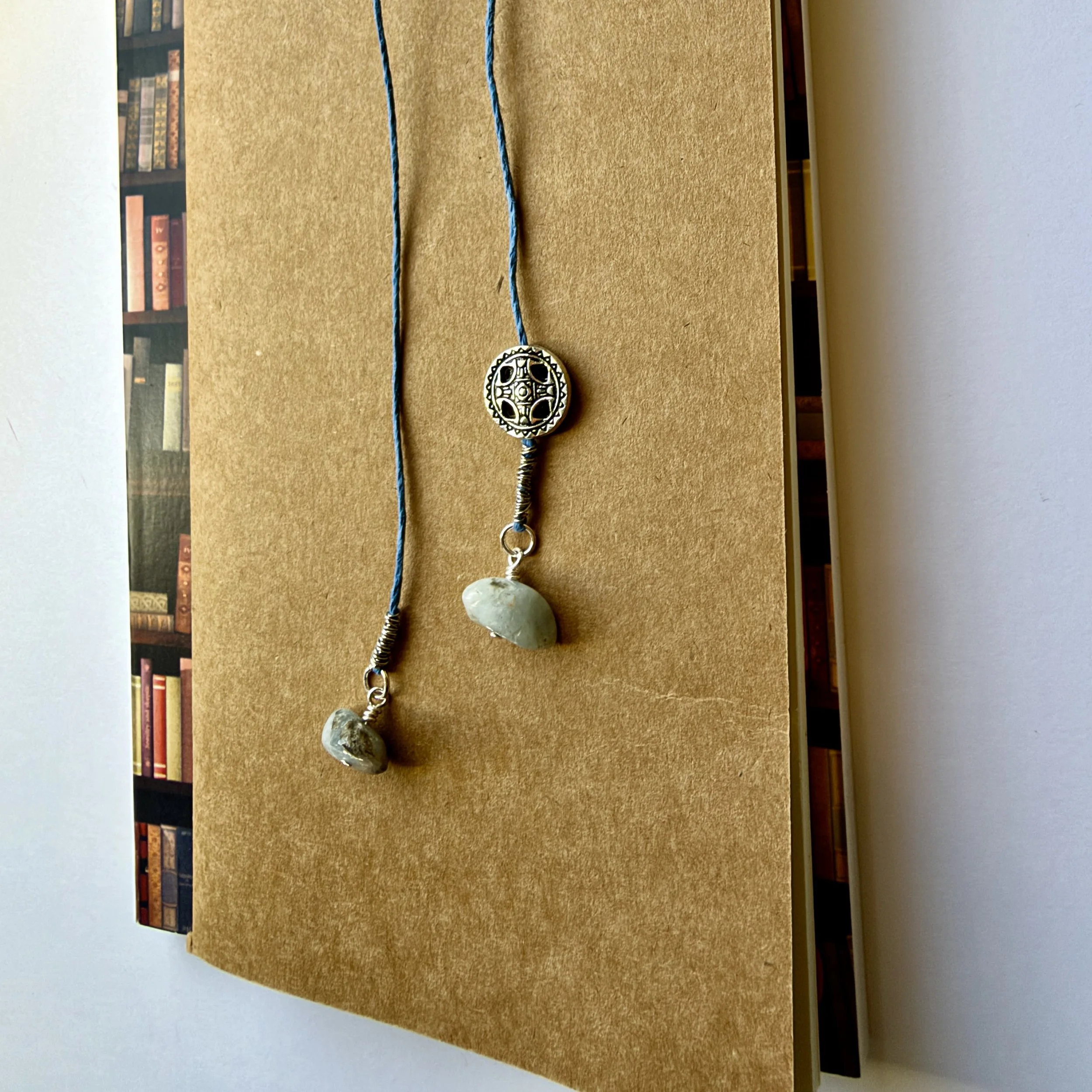 Denim blue hemp cord and aquamarine bookmark with silver accents