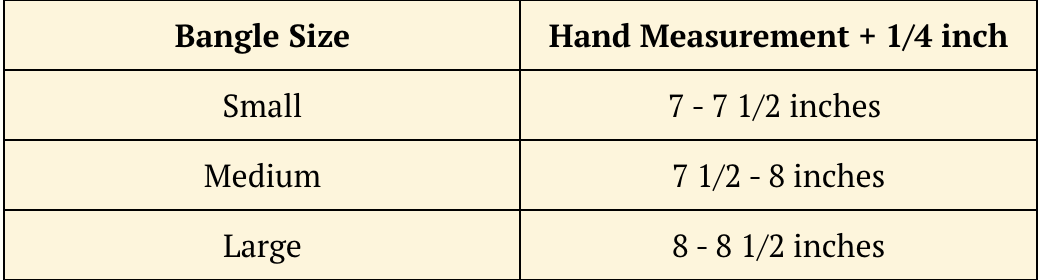 Table showing bangle sizes and hand measurements: Small (7 to 7.5 inches), Medium (7.5 to 8 inches), Large (8 to 8.5 inches).