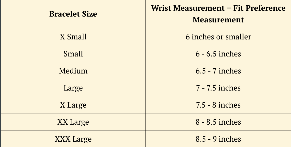 Table showing bracelet sizes and corresponding wrist measurements with fit preferences. Sizes range from X Small to XXX Large, with wrist measurements from 6 inches to 9 inches.