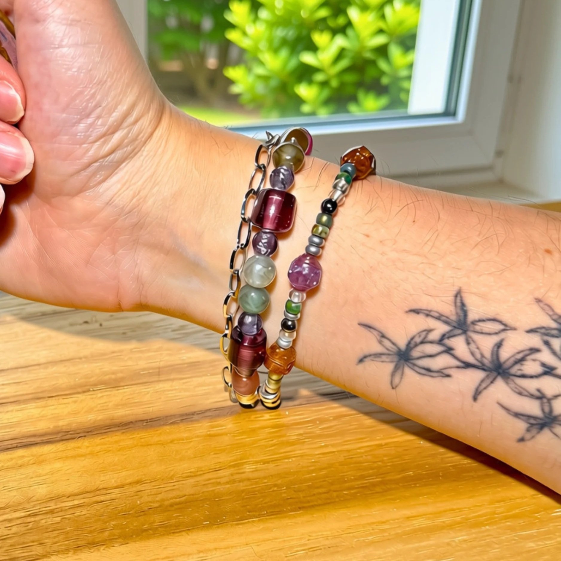 Autumn Glass and Gemstone Multi-strand Bracelet  on wrist with tattoo