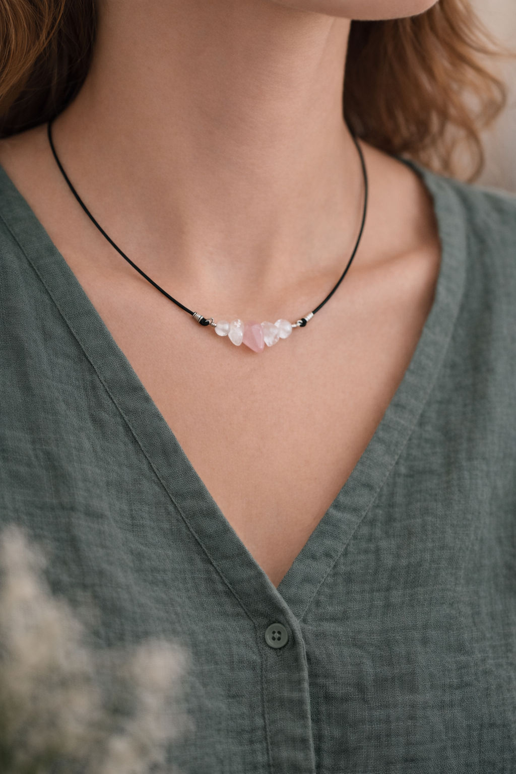 Rose quartz black leather cord necklace