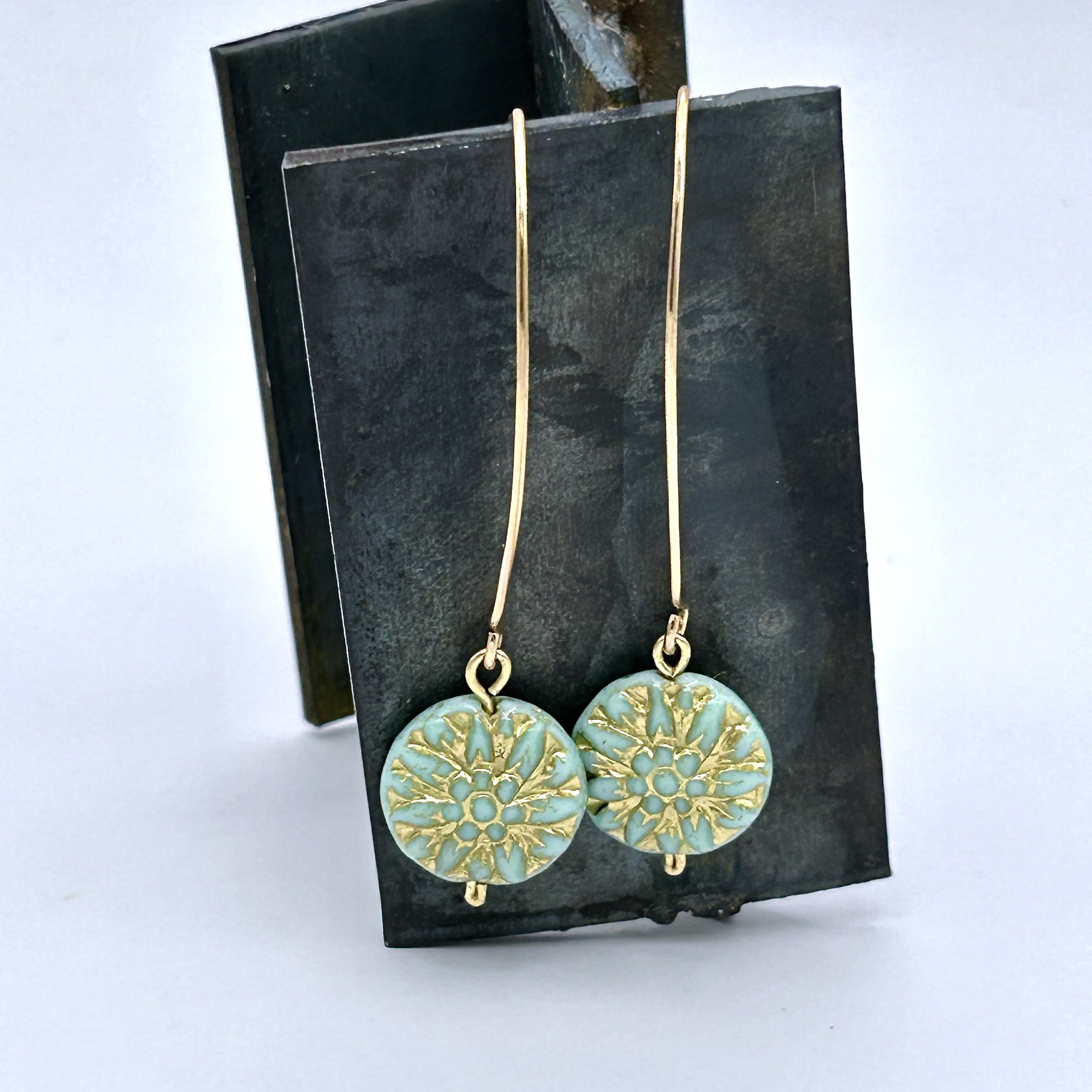 Sweet Mint Green Czech Glass with Golden Etched Dahlia and Jeweler's Brass Metal Marquis Drop Earrings on welded metal