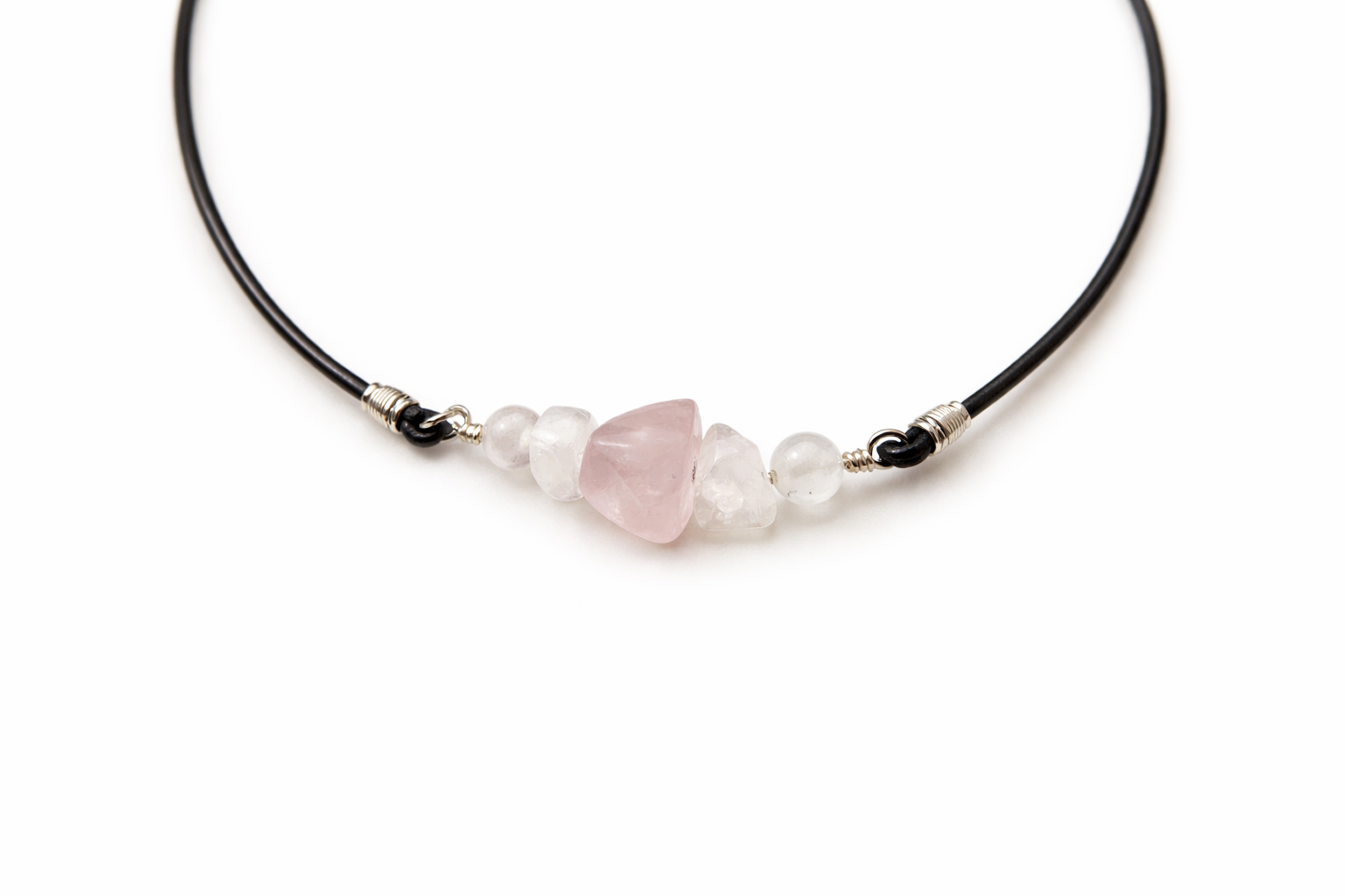 Rose quartz black leather cord necklace