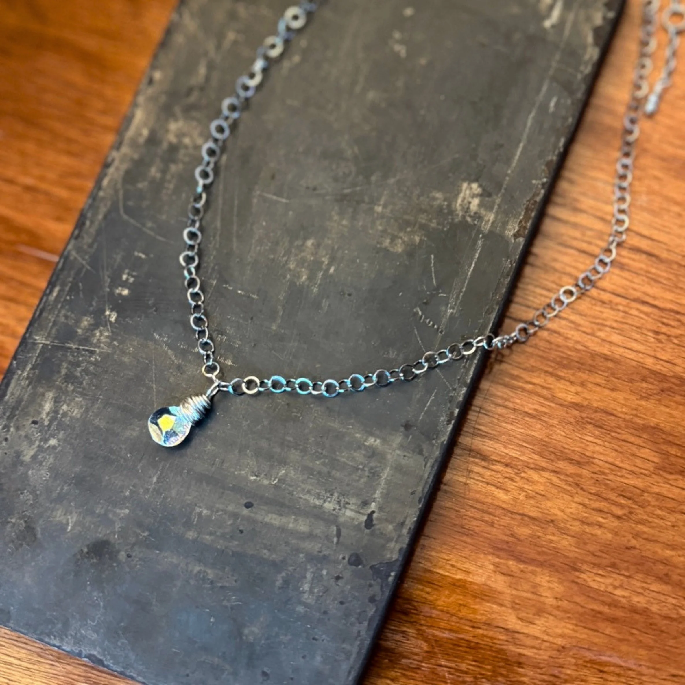 Czech glass Dew Drop Necklace with a silver-finished chain on metal