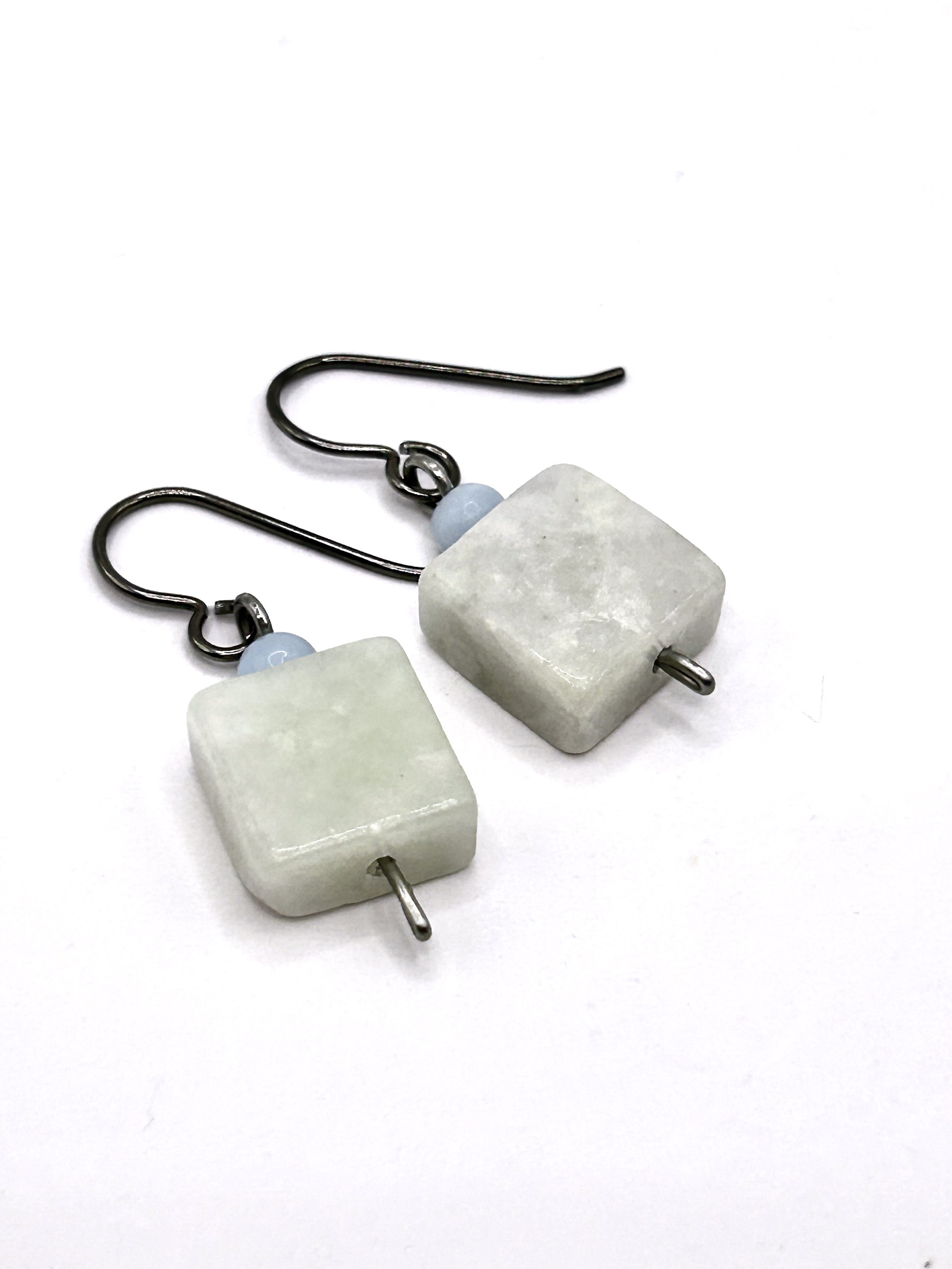 Sarsen Square Amazonite Stone short Drop Earrings with Stainless Steel french ear wires on white background
