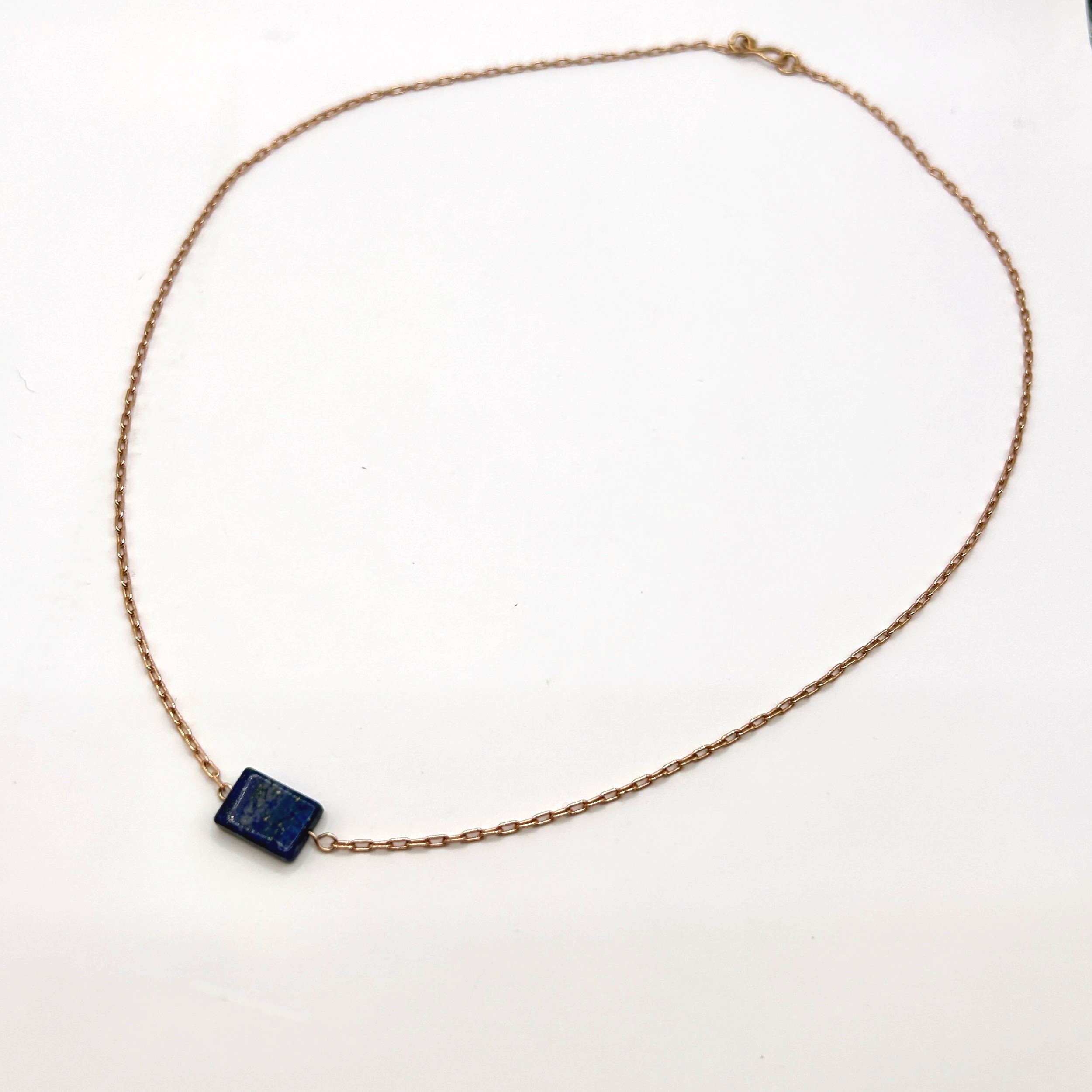 Pedra Lapis Lazuli rectangle stone on petite Rose Gold Plated Necklace on white background